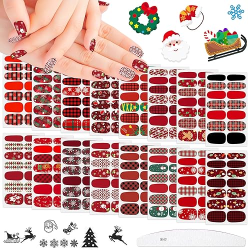 Miniatura 8 de 16 hojas de tiras de esmalte de uñas de Navidad, autoadhesivas, luces de árbol de Navidad, copo de nieve, muñeco de nieve, calcomanías de uñas de