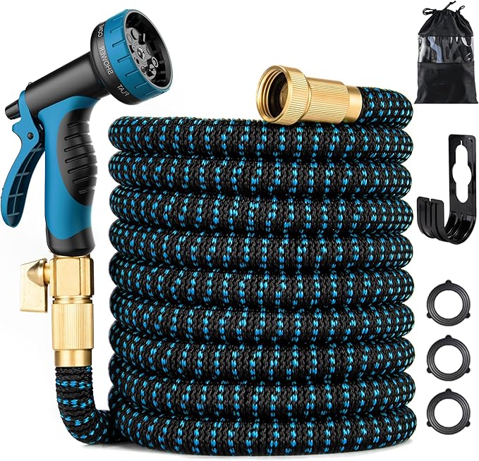 100 ft Expandable Garden Hose - Kink Free Flexible Water Hose 100ft with 10 Pattern Spray Nozzle, 3/4 Solid Brass Connectors, Retractable Latex Core - Lightweight Expanding Hose