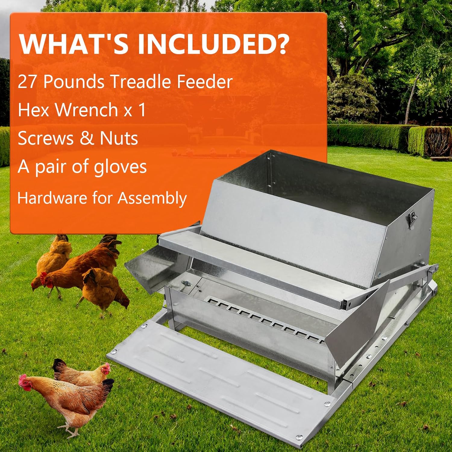 GarveeLife Automatic Chicken Feeders with Treadle, 27 LB Large Galvanized Steel Poultry Feeder No Waste, Rat Proof Chicken Feeder with 10 Chickens for 11 Days, Suits Duck, Bantams, Pheasants