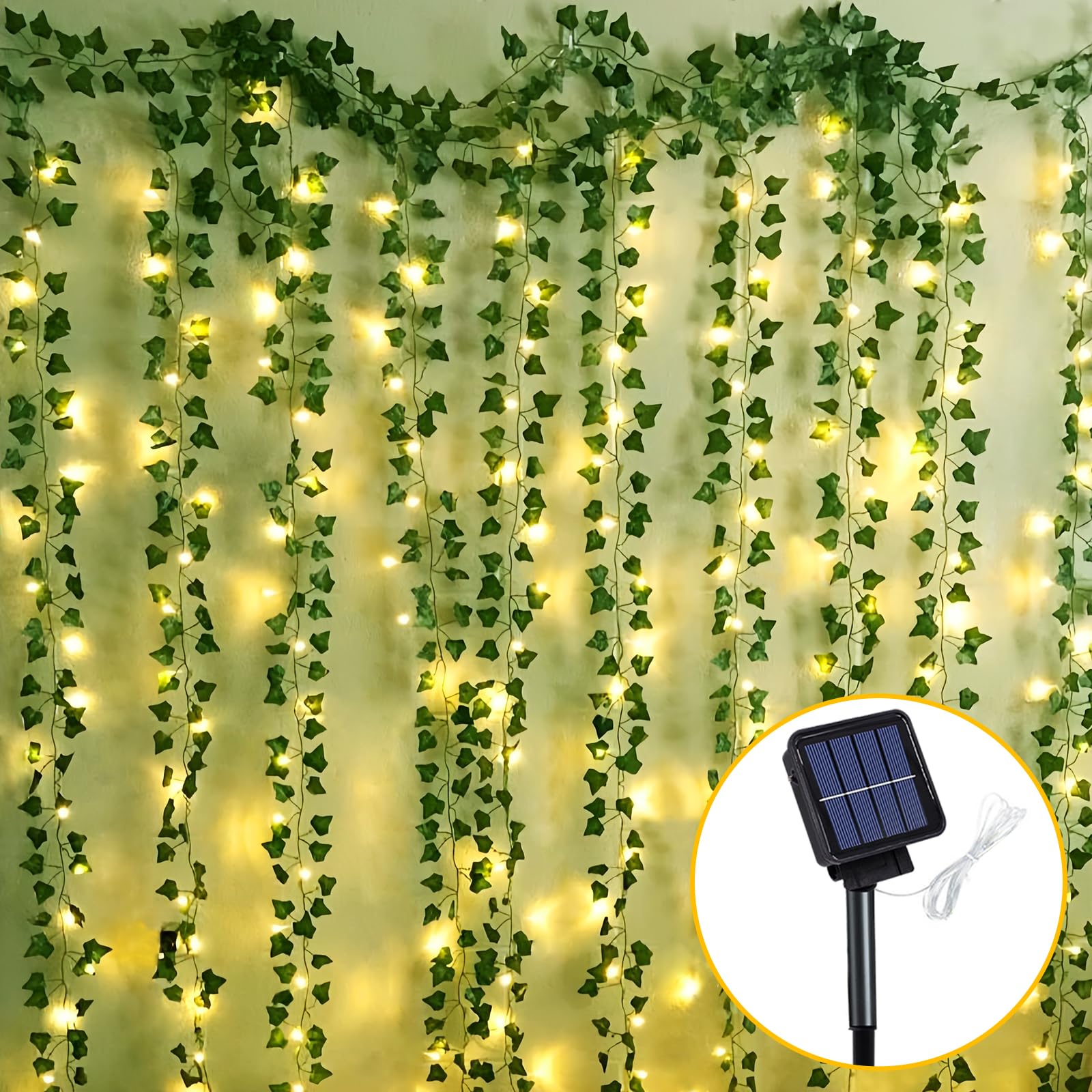 Solar Vine String Lights, 66Ft 200 Led Outdoor Fairy Lights with Ivy, 8 Modes Waterproof Artificial Plant Leaf Garland Lights for Balcony Patio Wedding Garden Yard Fence Wall Apartment Outside Decor