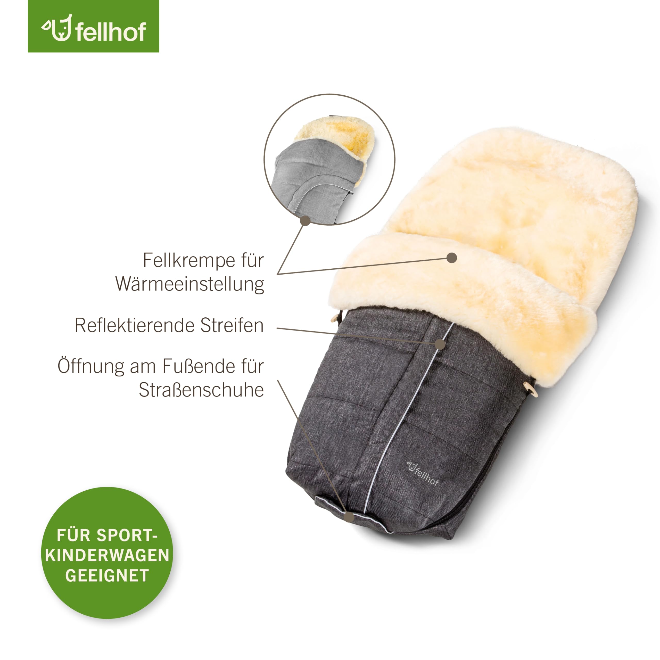 Fellhof ASPEN Lammfell Kinderwagen Fußsack | 50x98 cm | Merino-Lammfell | für ergonomische Buggys | wind- und wasserabweisend | graphit-melange (Vorgängermodell)