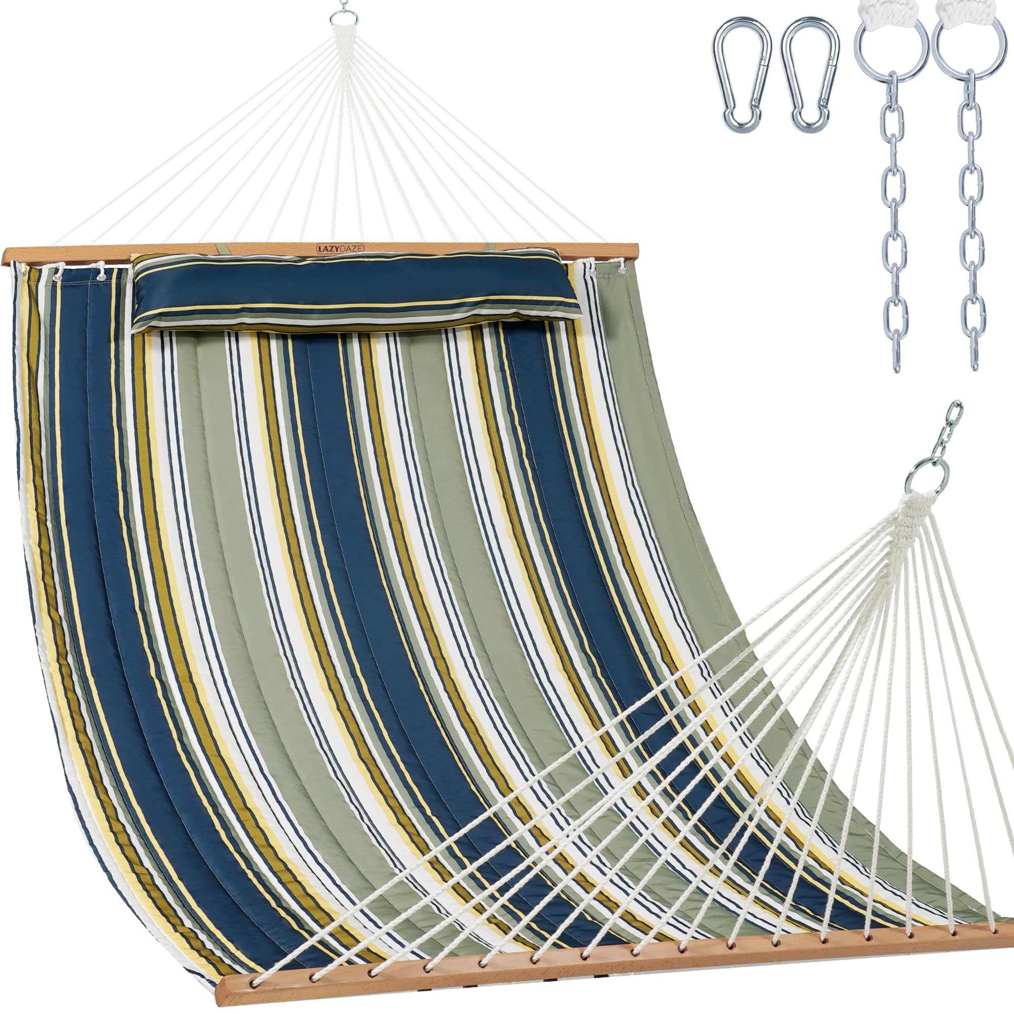 Lazy Daze Double Quilted Hammock with Carabiners &amp; Soft Pillow for Outside