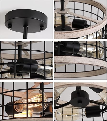 Miniatura 8 de MEIXISUE Lámpara de techo semiempotrada con acabado negro y roble, 3 luces, lámpara de techo de tambor rústico para pasillo, cocina, entrada,