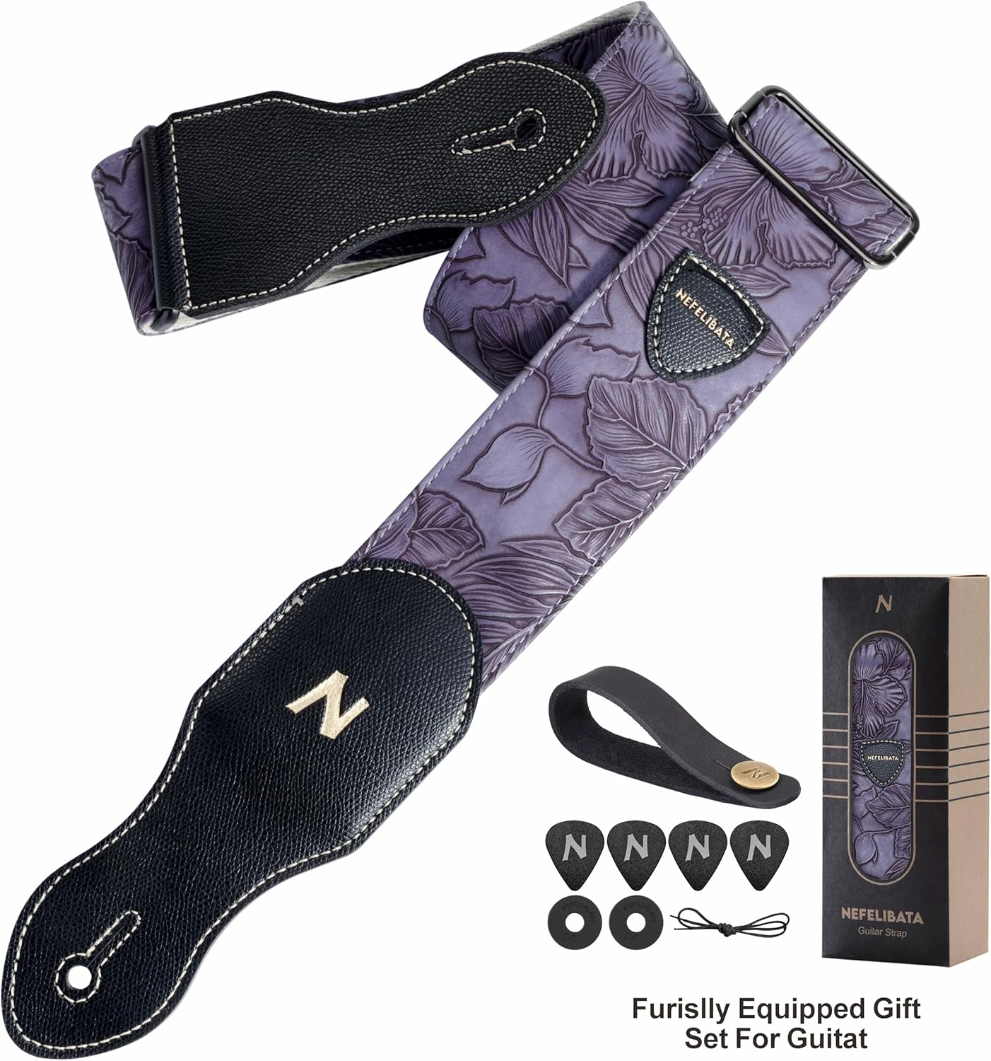 Nefelibata Guitar Strap with Pick Pocket,2.3 inch Porter Style Vegan Leather Carving Guitar Straps,60s Vintage Style (Purple)