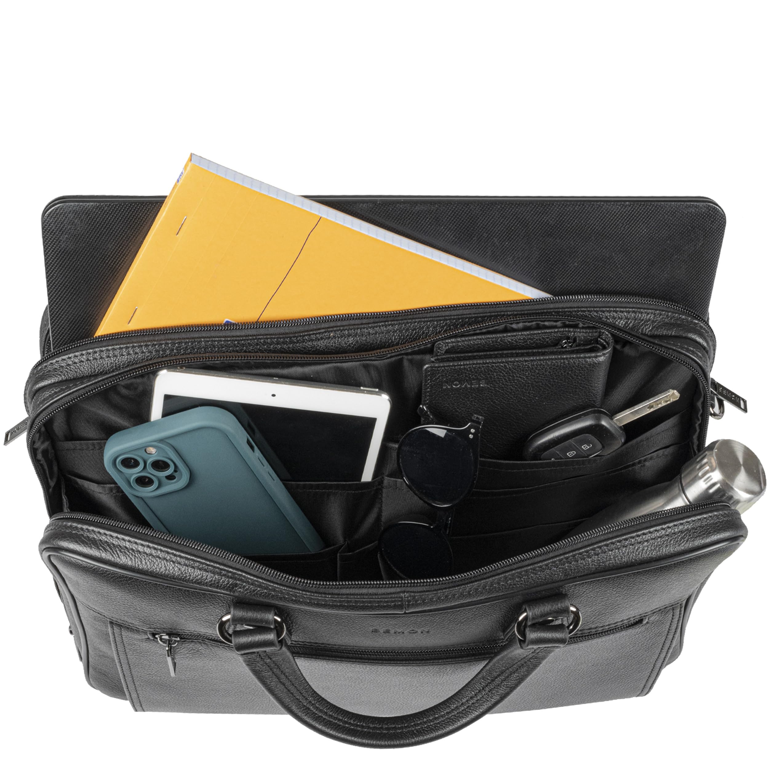 BEMON Porte ordinateur 15.6 pouces 2 compartiments, porte documents en cuir grainé pour homme Enzo, 30 x 41 x 12 cm