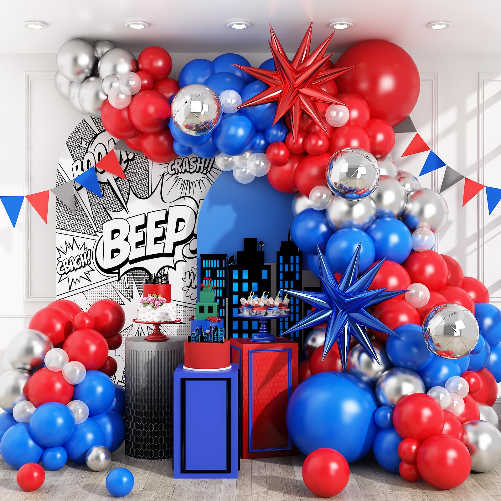 Red Blue Silver Balloon Arch Garland Kit, Red Royal Blue Latex Balloons 4D Ball Explosion Star Foil Balloons for Boys Baby Shower Party Graduation 4th