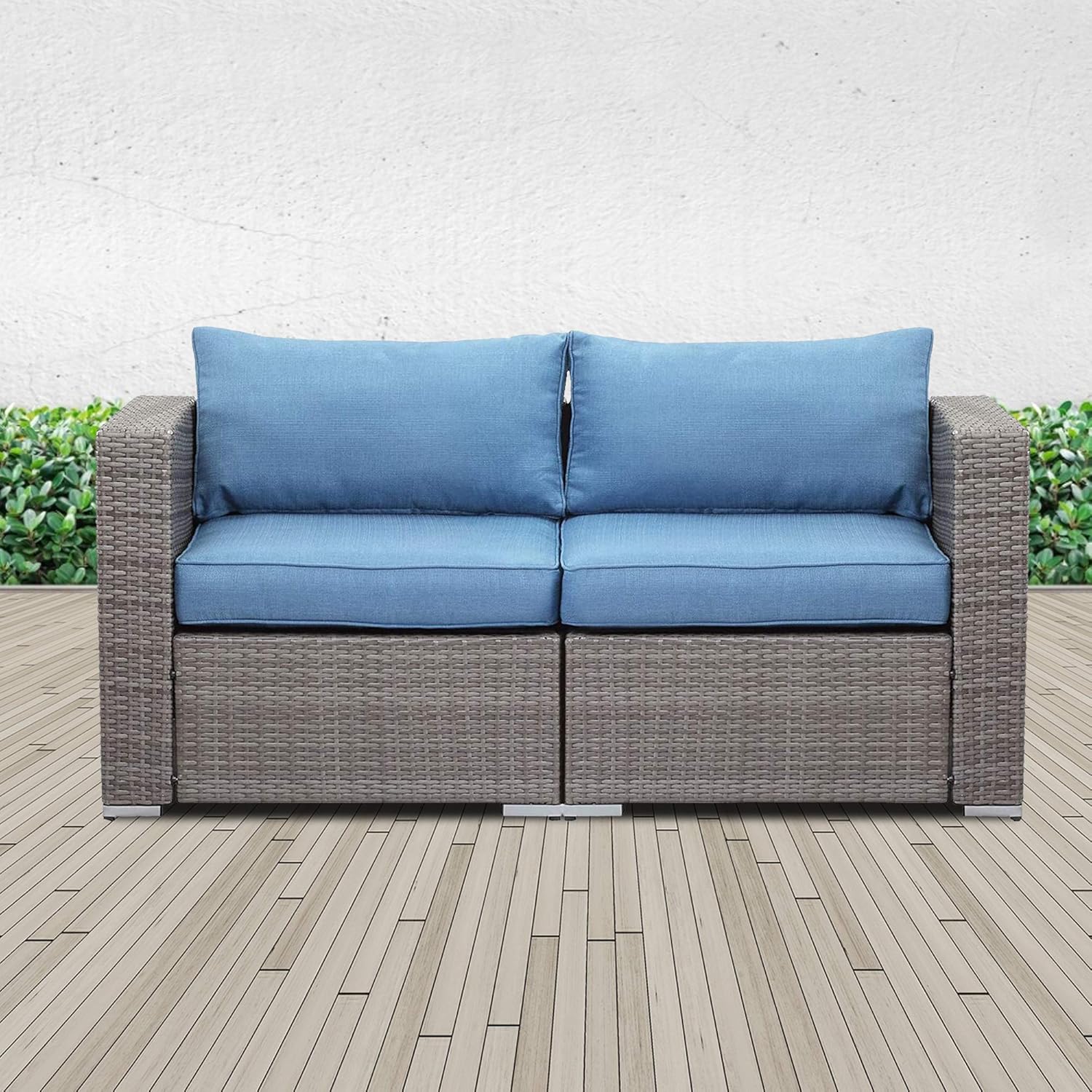 Solaste 2 Pieces Rattan Sofa Outdoor Patio Furniture, All Weather Sectional Wicker Loveseat with Cushion (Blue)