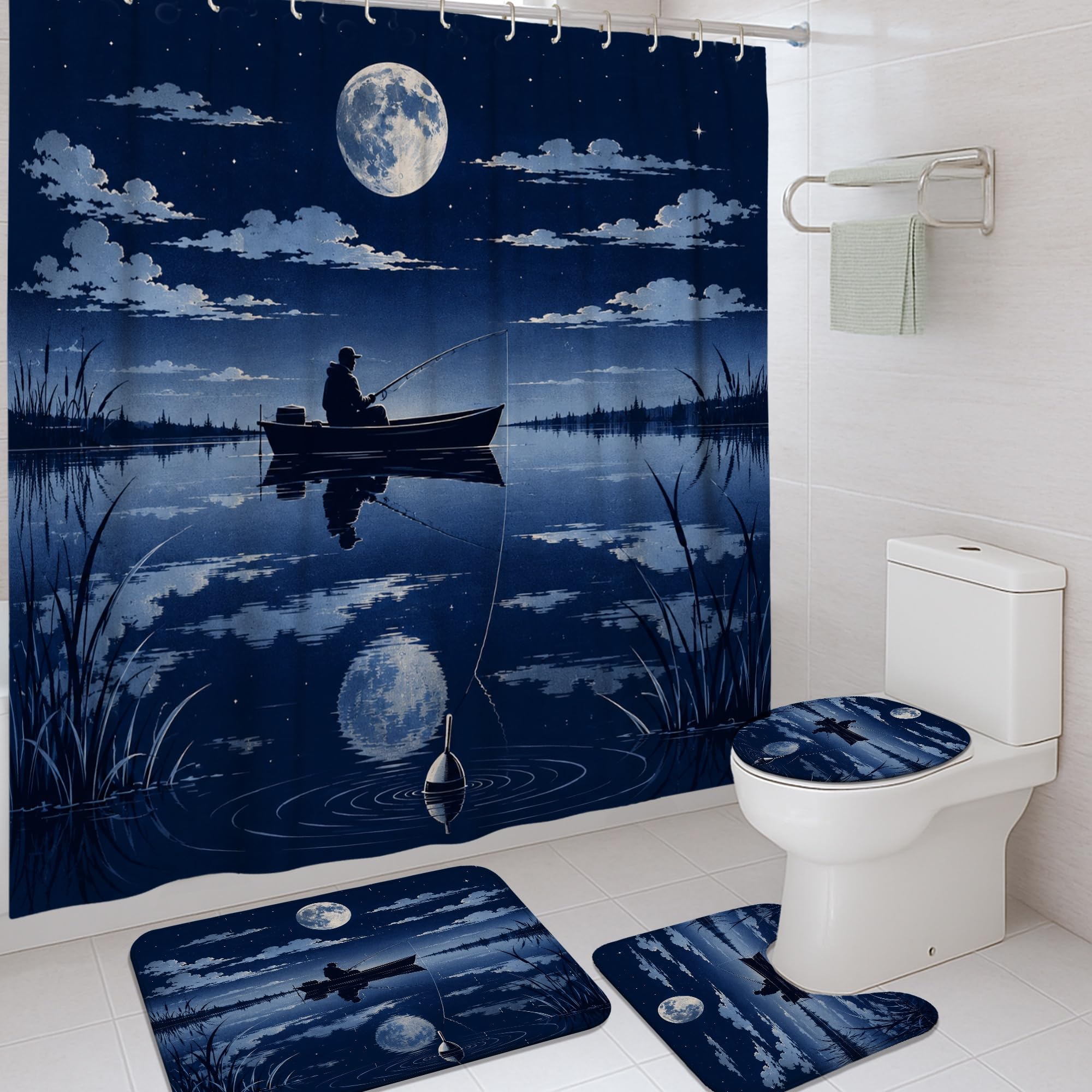 Rideau de douche 183x183 cm lavable bleu d'été avec tapis décoratif assorti