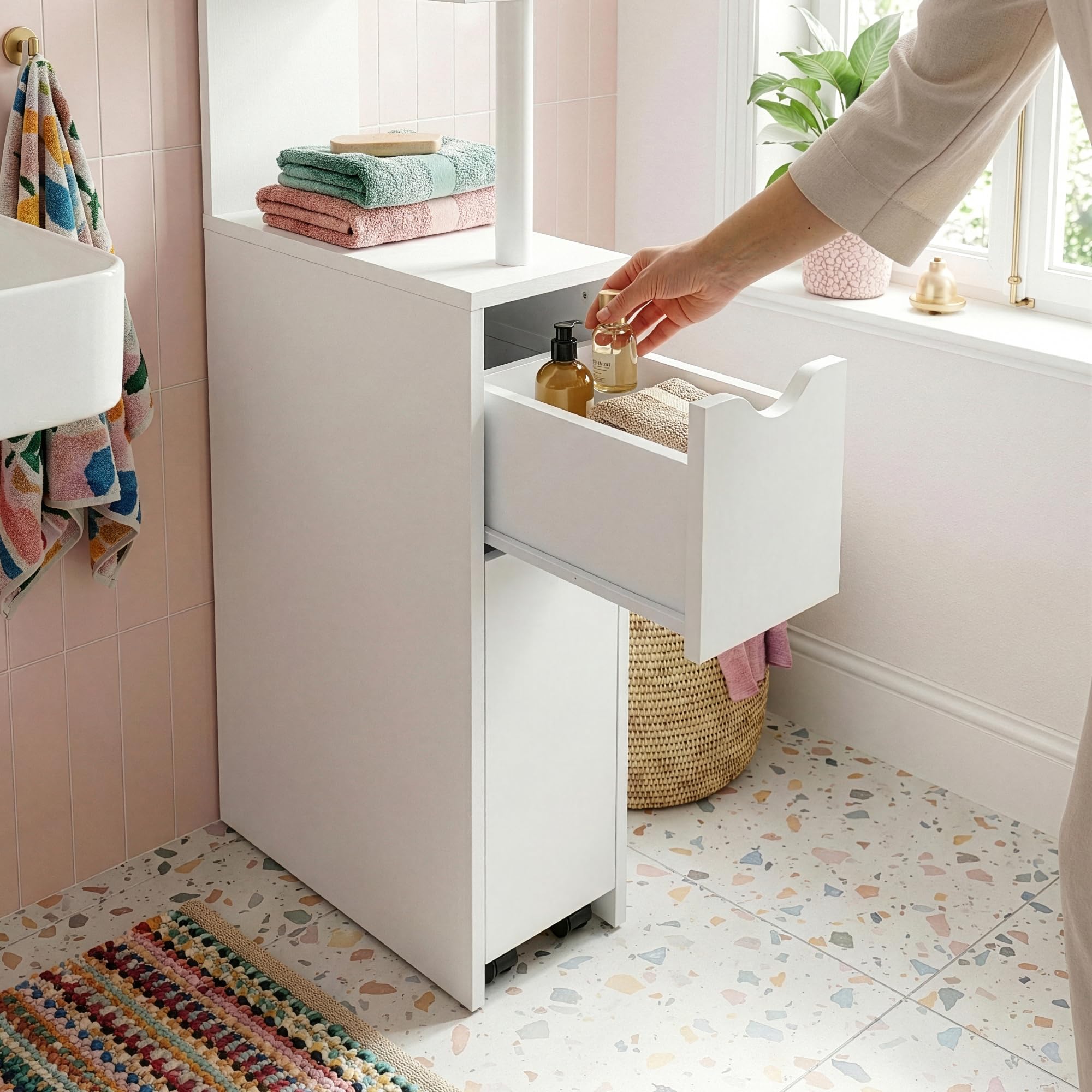 [en.casa] Scaffale da Bagno a 3 Ripiani Aperti Cassetto e Scomparto Chiuso Estraibile Mobile Contenitore Stretto con Vani Porta Oggetti per Cucina Cameretta 113 x 19 x 45 cm - Bianco