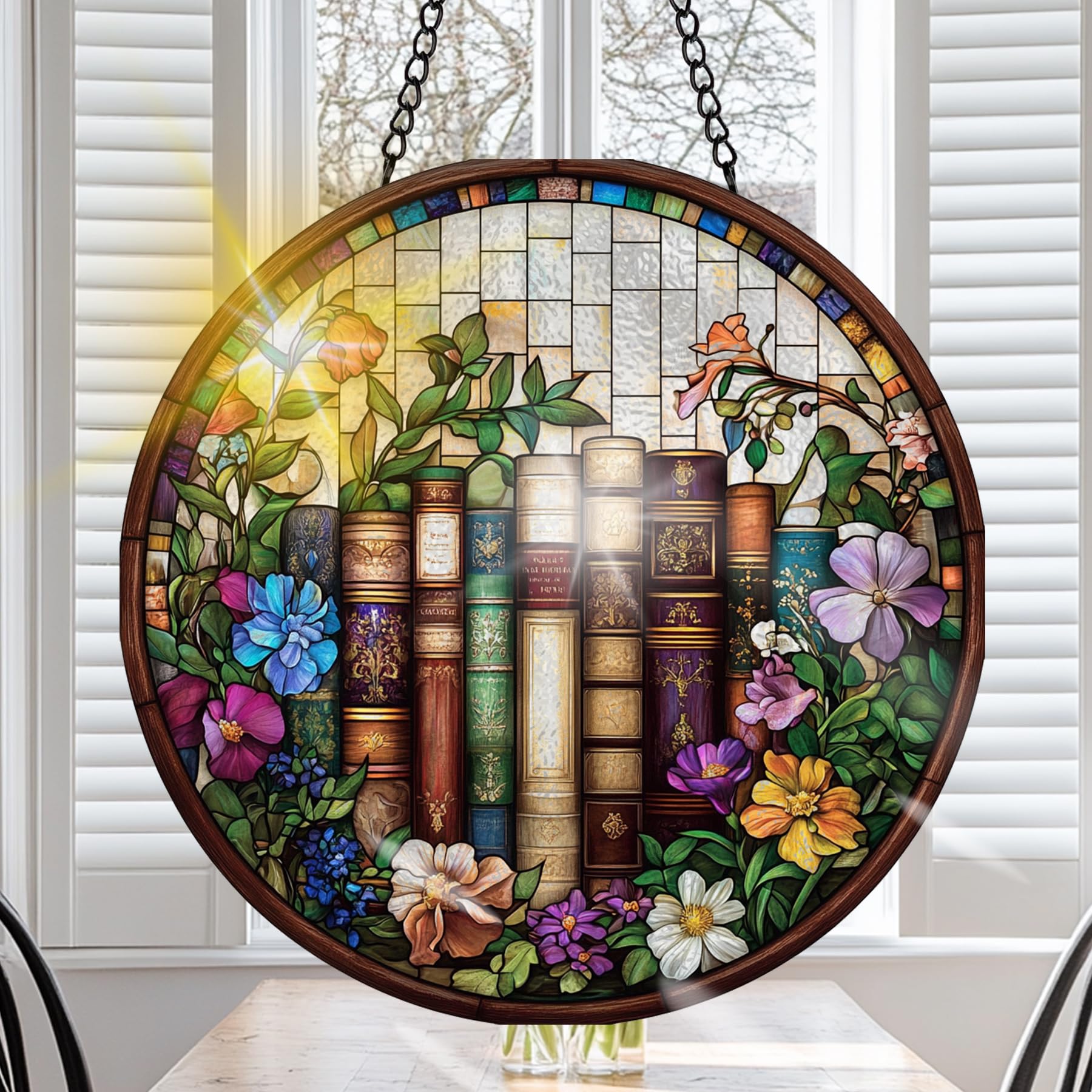 VAIIEYO Book Sun Catcher Stained Glass Window Hanging Ornament, Handmade Sun Catcher Flower Decoration with Hooks for Window Garden Home, Christmas & Birthday Housewarming Gift (20 cm)