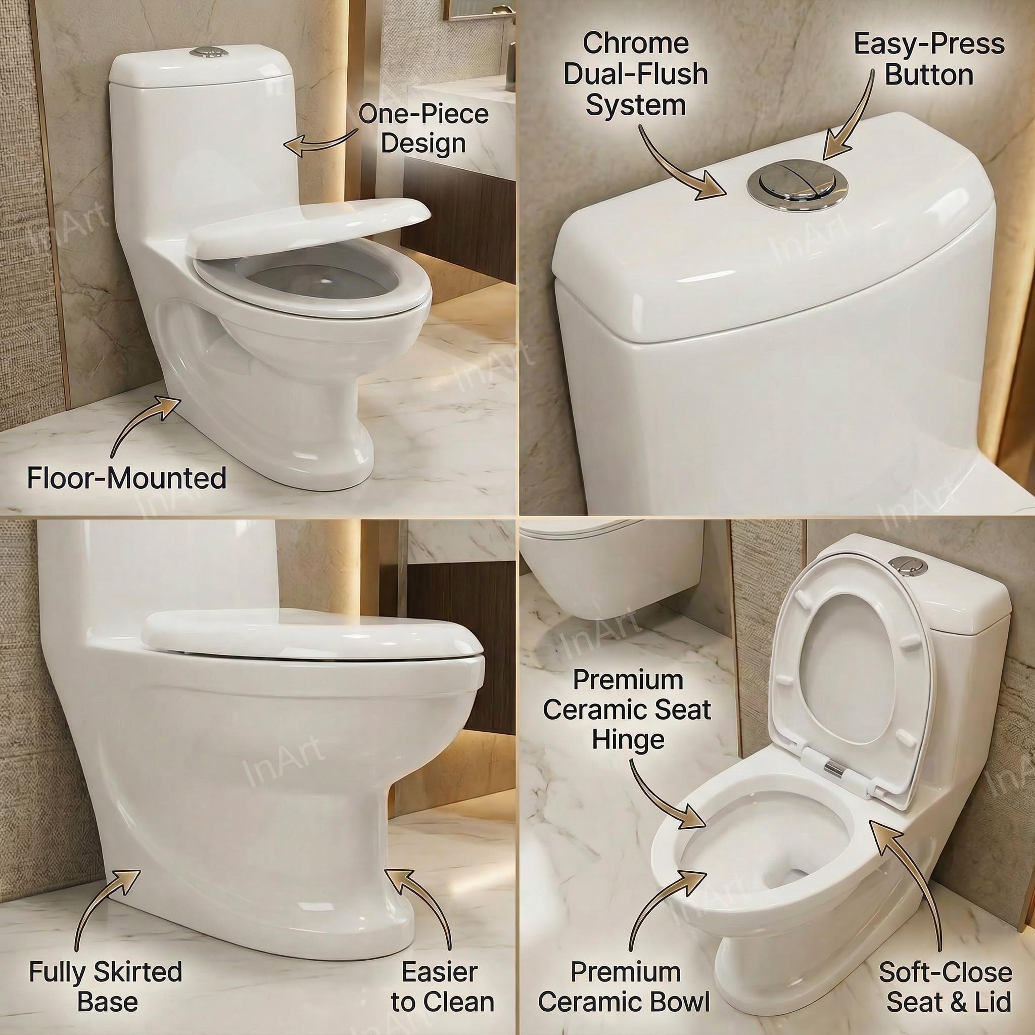 InArt Western Floor Mounted Ceramic One Piece Water Closet P Trap with Soft Close Seat Cover in White Color for Lavatory, Bathrooms,Toilets Oval Shape 1