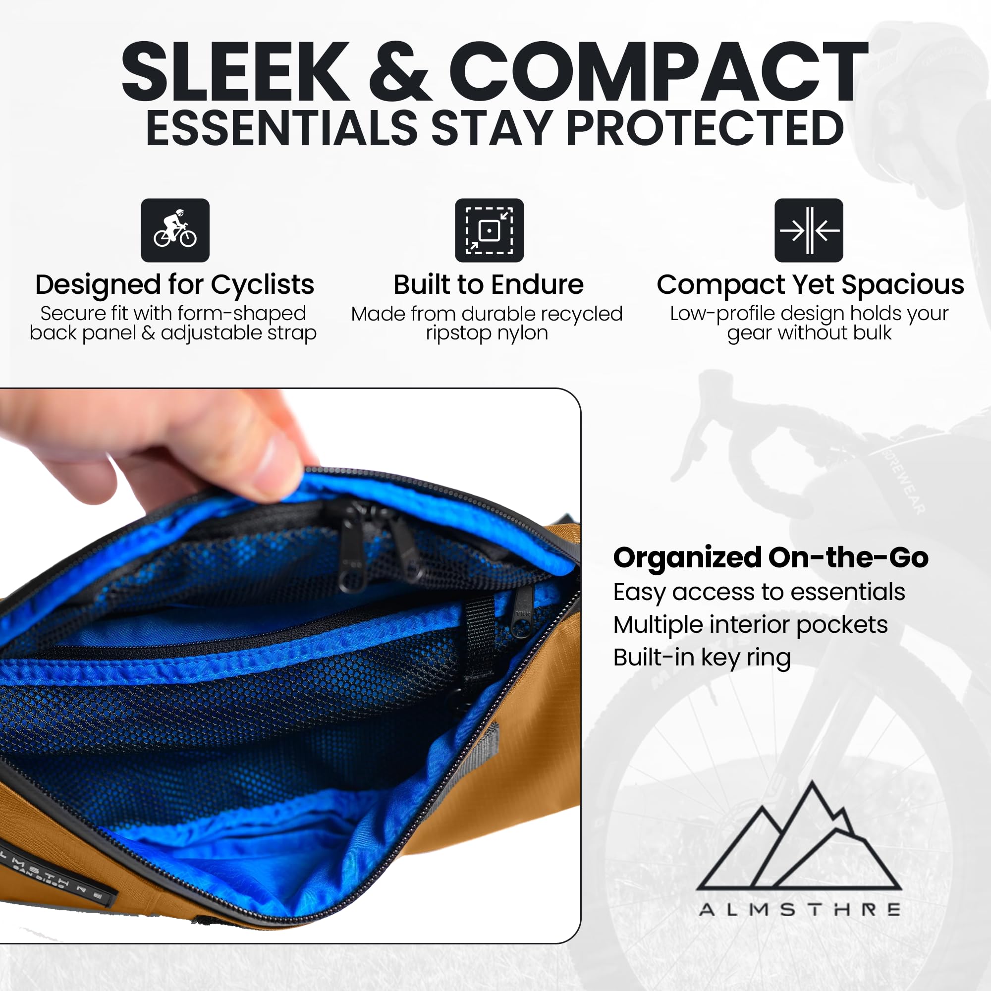 ALMSTHRE Riñonera duradera e impermeable para ciclistas, ajuste ajustable con almacenamiento organizado, nailon Ripstop reciclado para ciclismo, senderismo y transporte diario, Negro medianoche, M