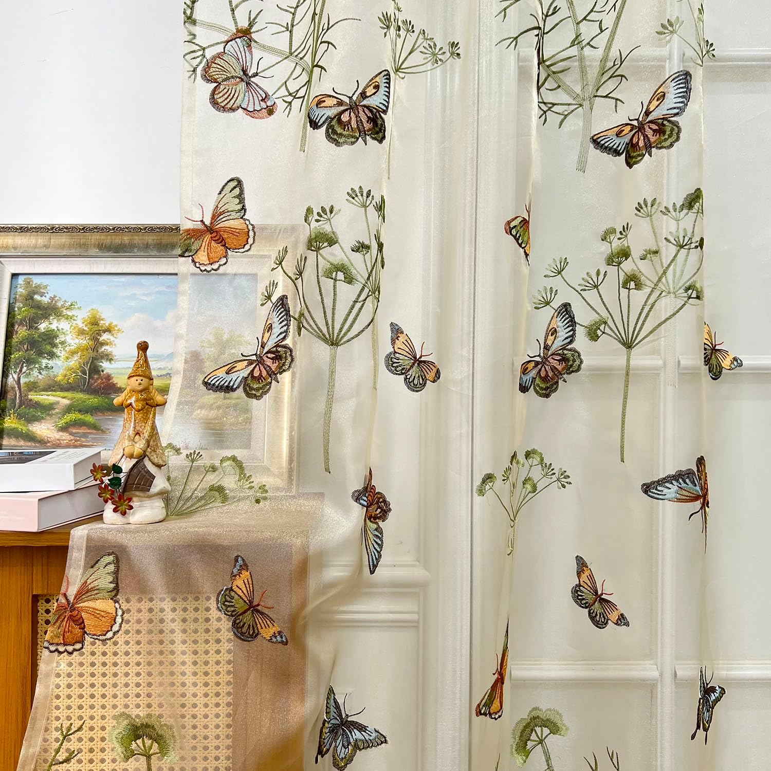 AiFish Embroidered Butterfly Window Semi Sheer Curtains for Kids Room Country Style Dandelion Pattern Room Divider Rod Pocket Tulle Gauze Voile Panel Drapes for Living Room 1 Panel W52 x L84 inch