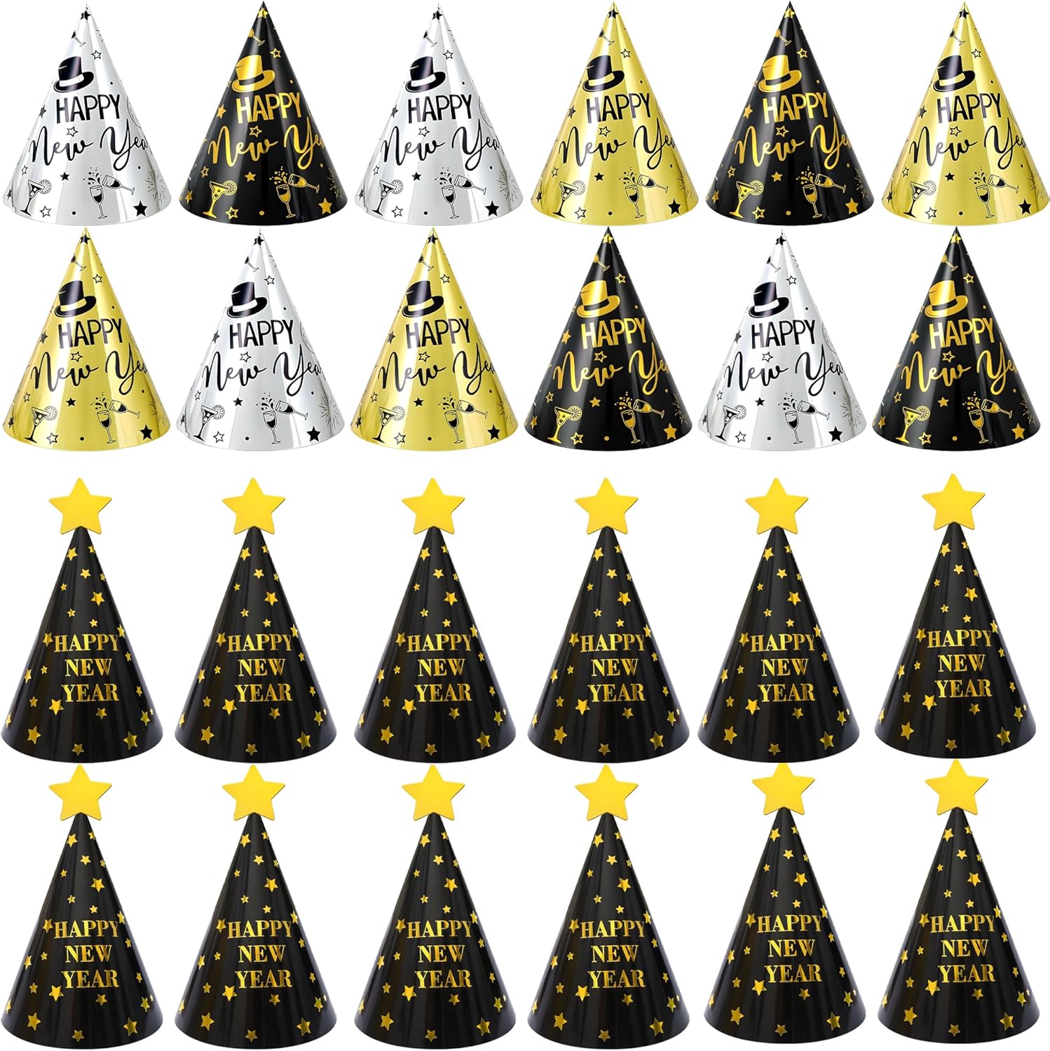 KatchOn, New Year Eve Party Supplies 2026 - Pack Of 24 | Black, Silver & Gold Happy New Years Hats | New Years Eve Party Favors | New Year Decorations 2026