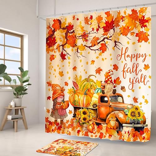 Miniatura 8 de Lutto Juego de cortinas de ducha de otoño con alfombras, juego de baño de otoño, cortinas de ducha de calabaza de Acción de Gracias para decoración