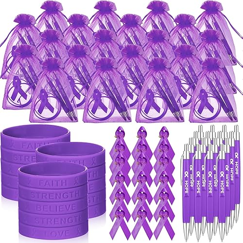Qilery Juego de 50 regalos de concientización sobre el cáncer de mama, incluye cinta de concientización sobre el cáncer, pulsera y bolsas para