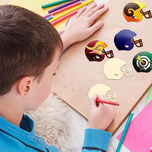 Miniatura 6 de Yookeer 32 piezas de madera para manualidades de fútbol sin terminar, casco de hockey de fútbol americano con recortes de madera para pintar,