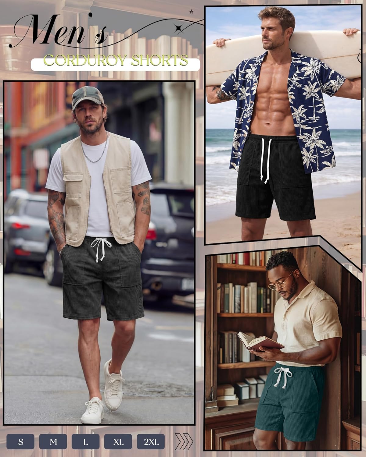 3 Pack Men's Shorts 7 Inch Corduroy Baggy Sweatshorts Casual Loose Elastic Drawstring Pocket Lightweight Shorts - Image 4