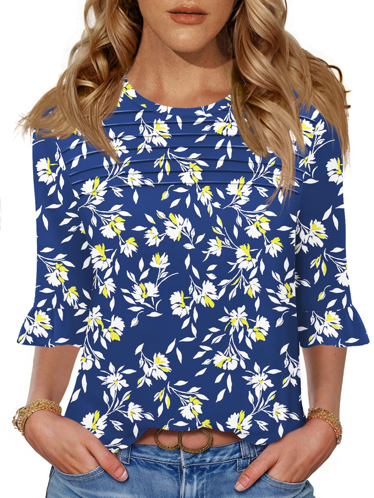 Blingfit Blusa de manga 3/4 para mujer, estilo casual, con volantes, manga acampanada, plisada, a la moda, para verano