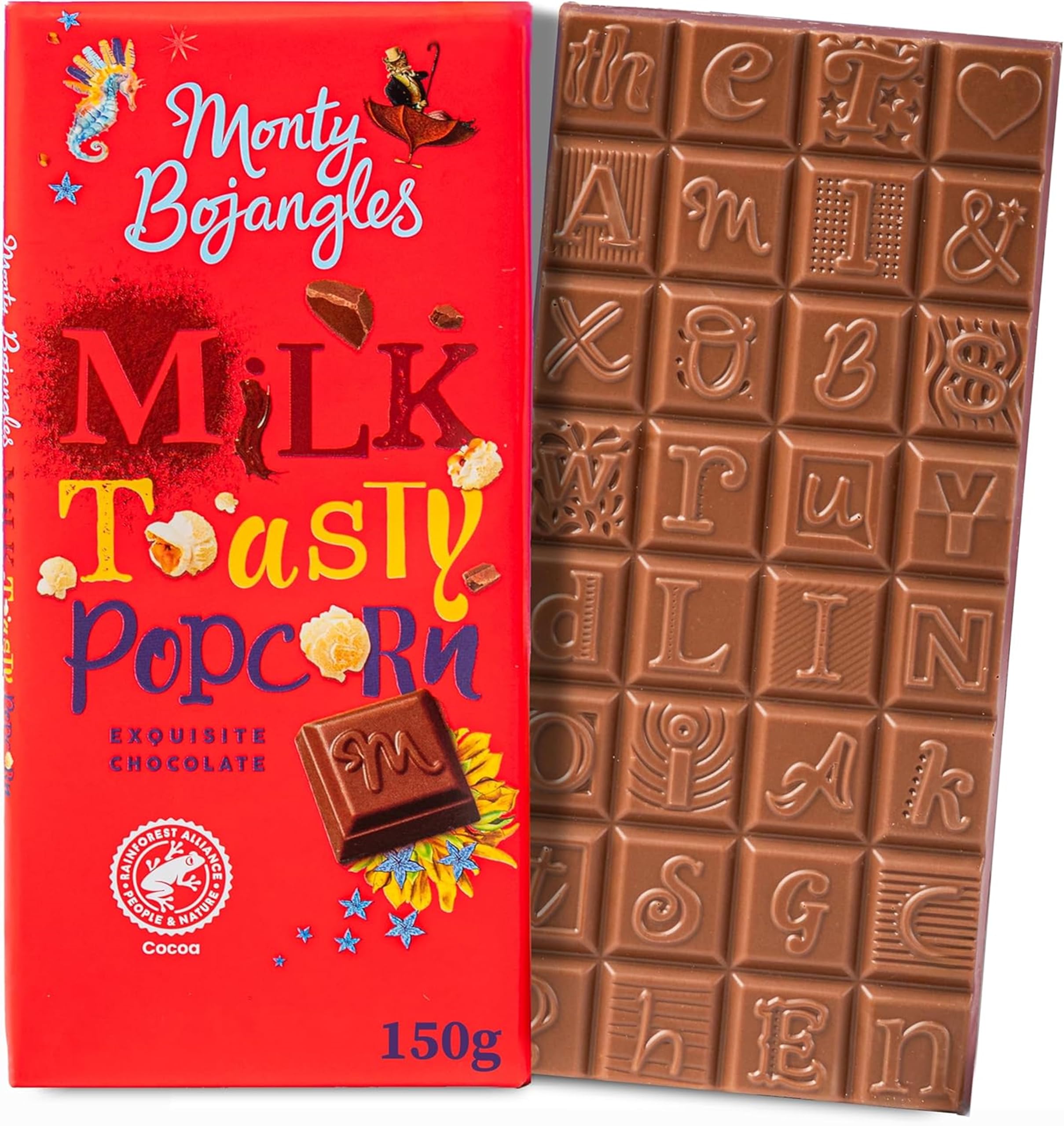 Monty BojanglesMilk Chocolate Toasty Popcorn Chocolate Bar (150g), Deliciously Moreish Chocolate With Rainforest Alliance Cocoa, Milk Chocolate With Toasted Popcorn, Perfect Chocolate GiftRainforest AllianceRainforest AllianceRainforest AllianceRainforest Alliance