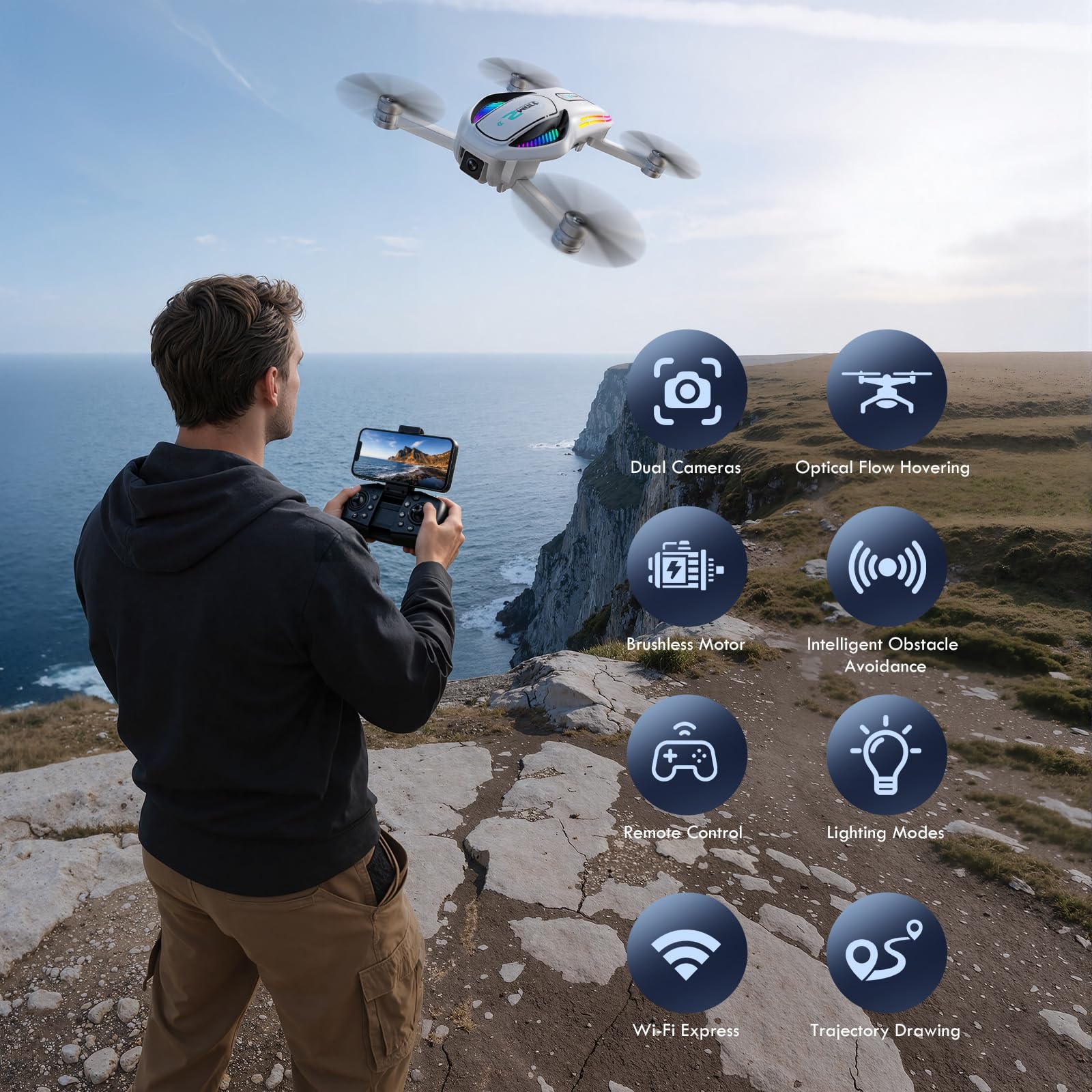 Drone 8K HD con Schermo e Doppia Fotocamera, Drone con Evitamento Ostacoli & Flusso Ottico, WiFi 30fps Quadcopter, Pieghevole, Controllo Gesti, Kit Completo per Adulti & Principianti