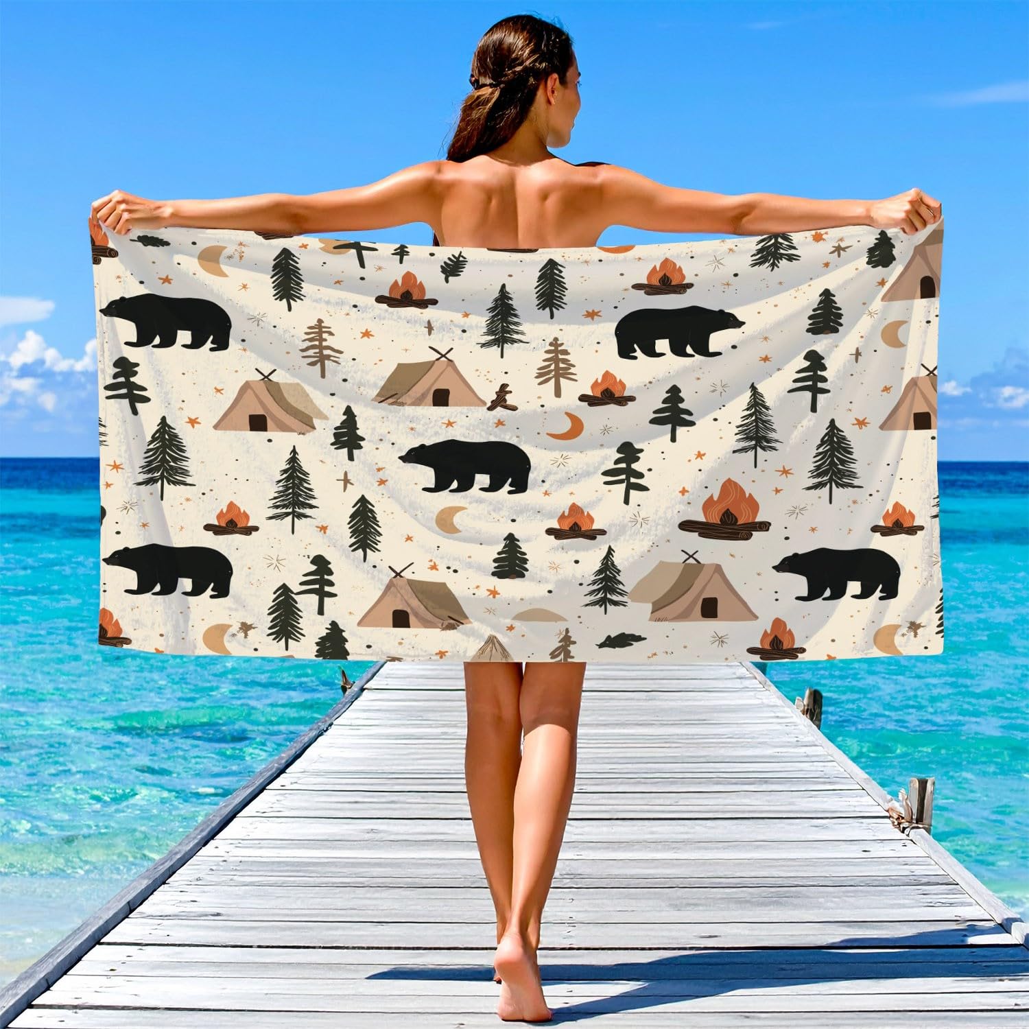 Serviette de Plage Microfibre Vintage Rustique, Drap de Plage Campagne Aventure Cocooning Silhouette Tente Ours Séchage Rapide Anti Sable & Légère, Serviette de Bain 200 cm x 100 cm Accessoire