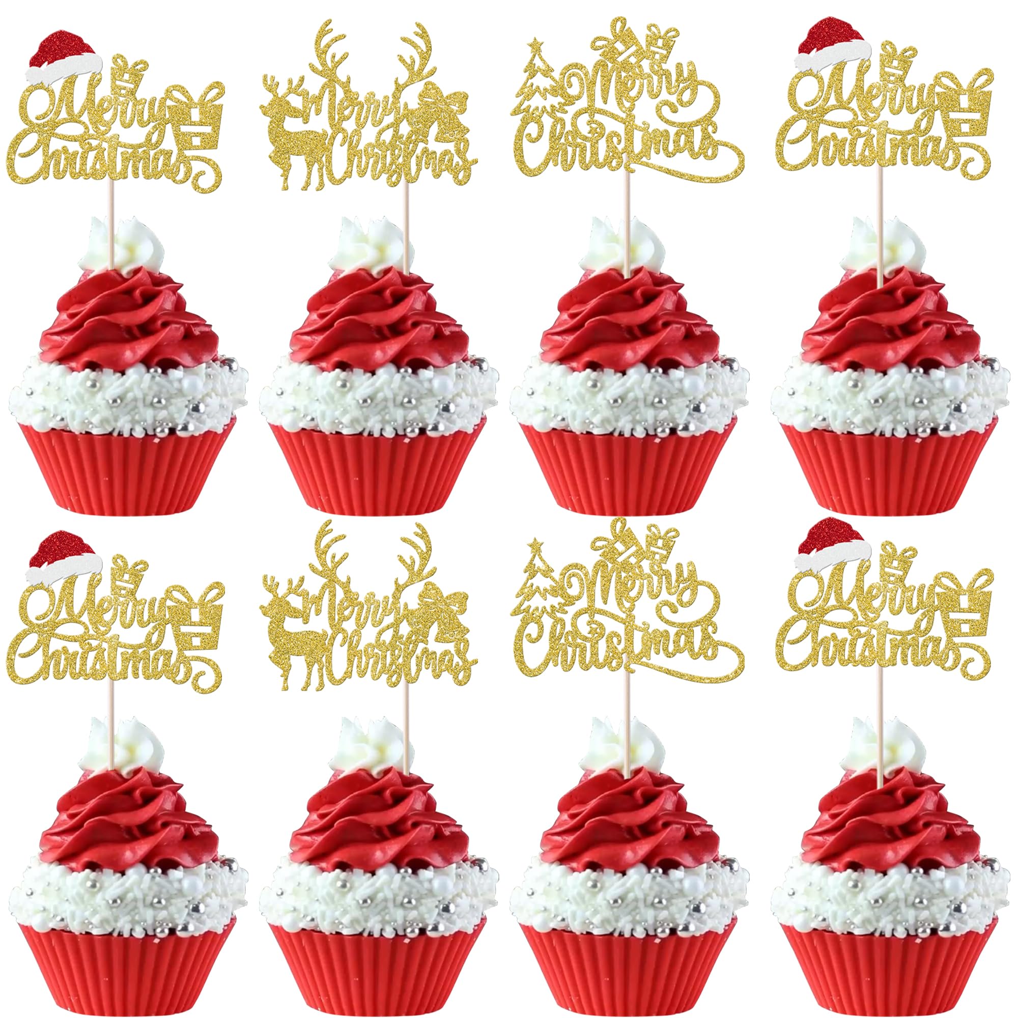 Xsstarmi 24 Pack Merry Christmas Cupcake Toppers Glitter Deer Christmas Xmas Tree Santa Hat Cupcake Picks for Merry Christmas Theme New Year Holiday Party Cake Decorations Supplies Gold