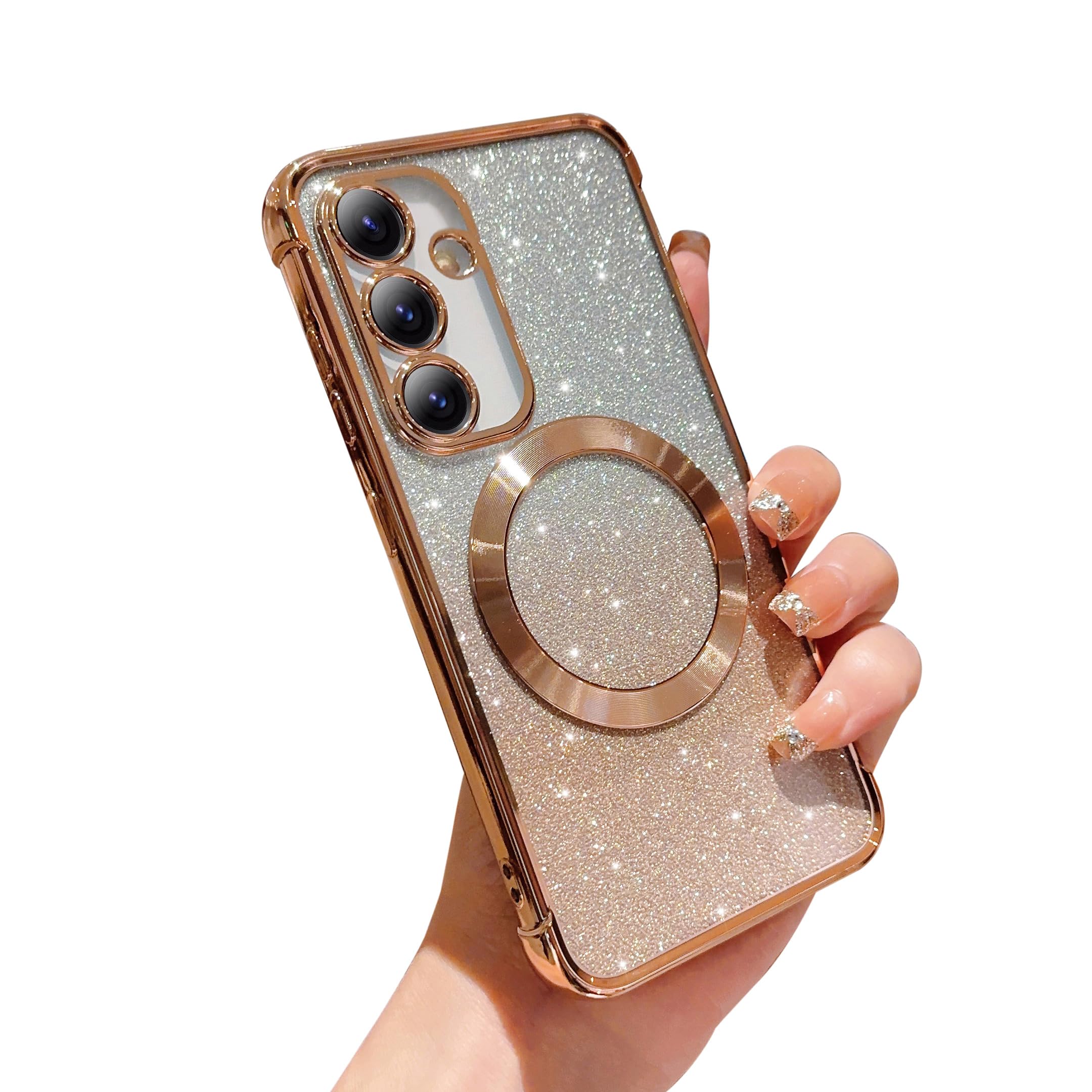 phylla for Samsung Galaxy S24 FE Magnetic Gradient Glitter Phone Case Compatible with Magsafe Luxury Plating Cute Bling Clear Cover for Women Soft