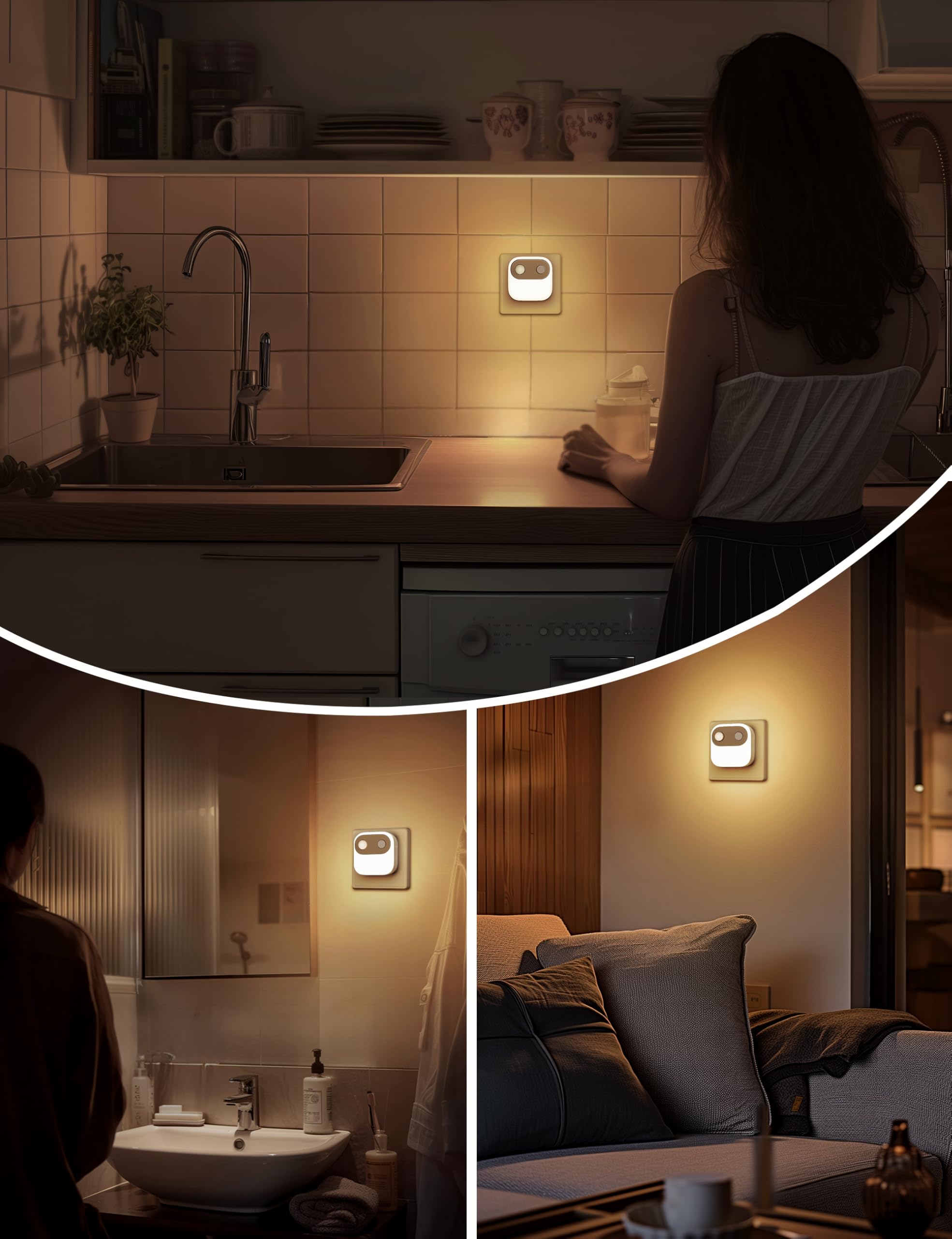 Emeritpro Luz nocturna enchufe con sensor de movimiento y crepuscular | brillo ajustable 30/60/100 Lm, 3000 K blanco cálido Luz nocturna para niños, ideal para escaleras, 4 Unidades