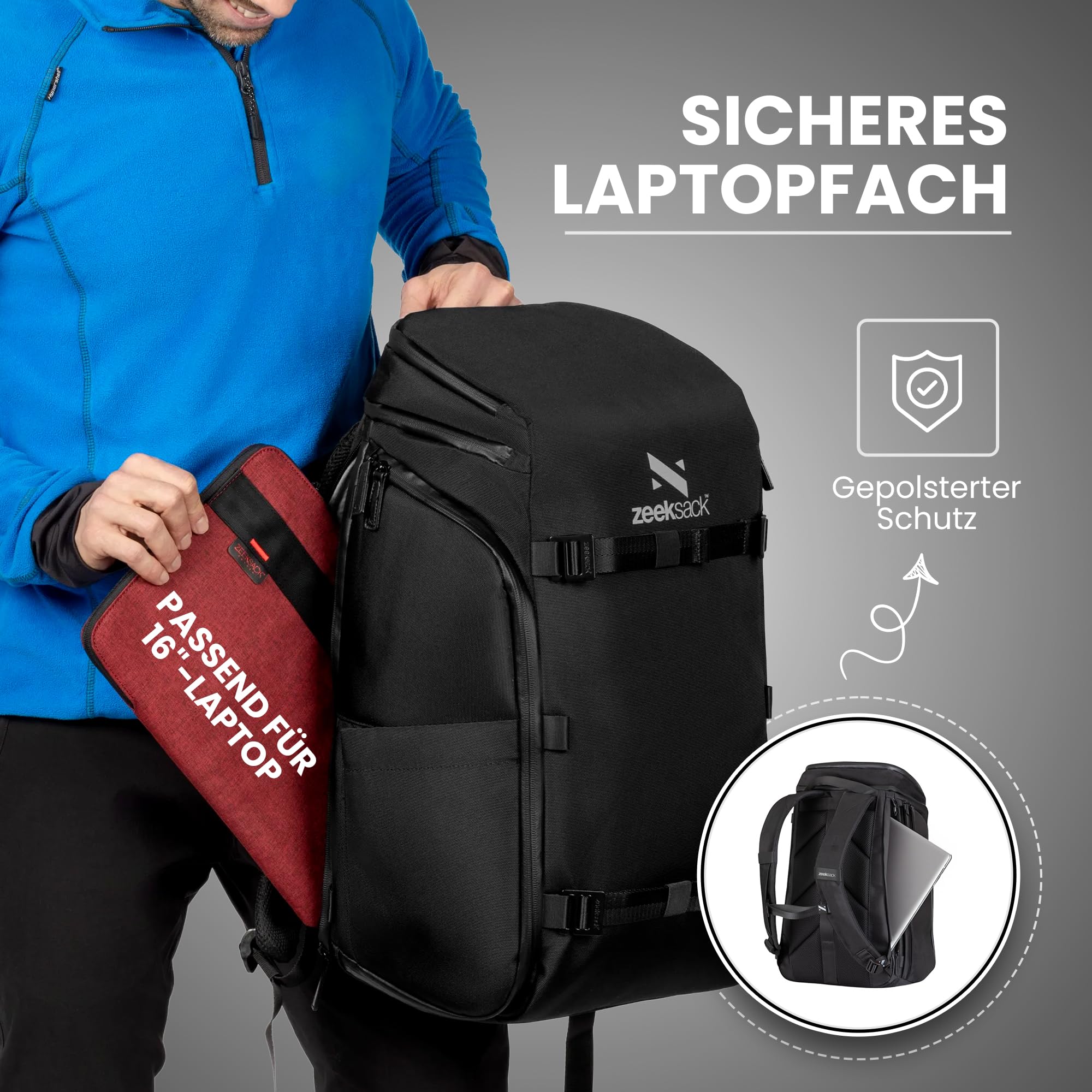 Zeeksack Plecak 30 l – The Organizer plecak podróżny, wyjmowane przegródki – bagaż podręczny do samolotu, pracy, fitnessu i weekendowych wycieczek, czarny, L
