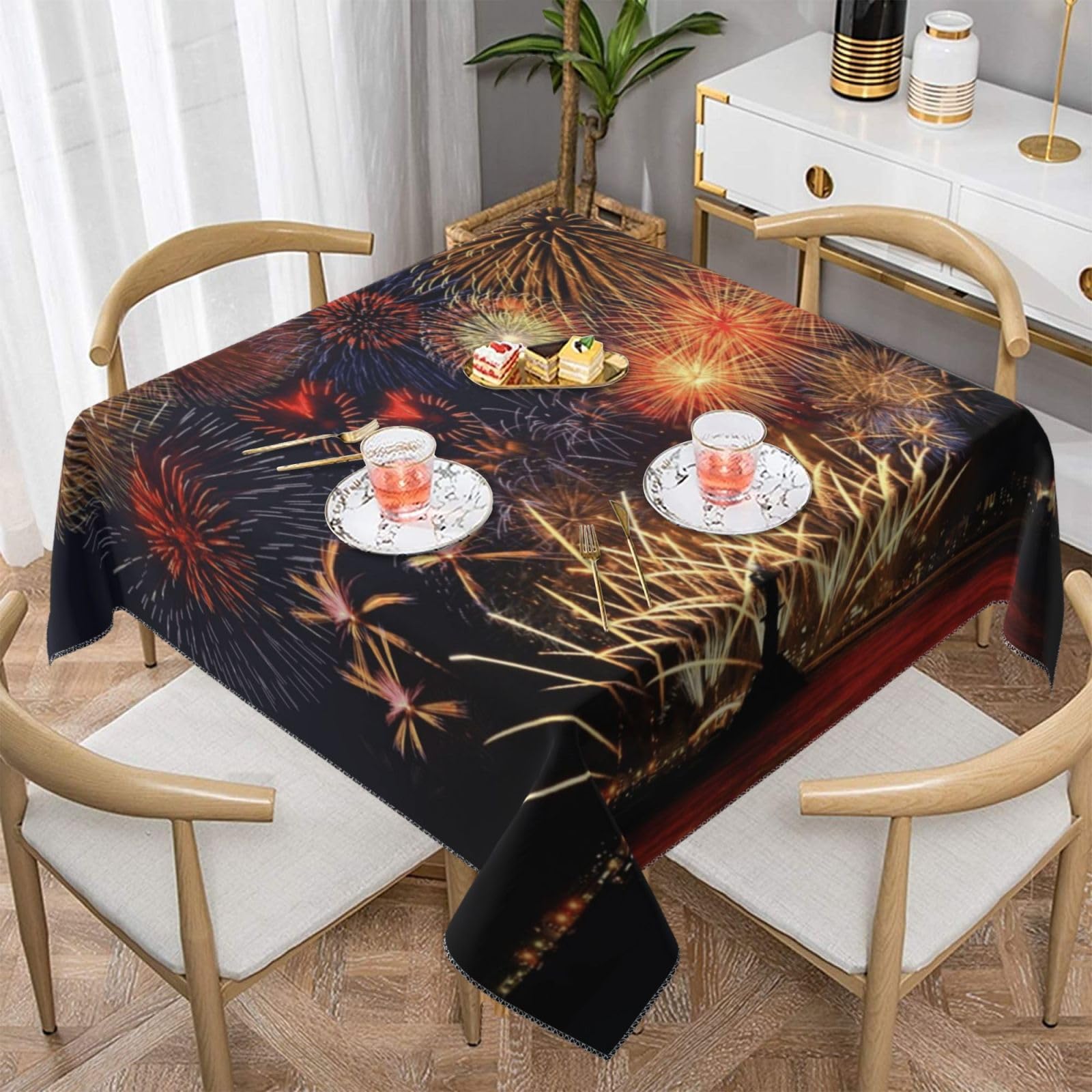 ZERAOKE Square Tablecloth 140x140 Cm, Fireworks - Table Cover, Polyester Wrinkle-Resistant Washable Tablecloths For Indoor/Outdoor Dining Parties Weddings (Fits 78 To 99cm Tables)
