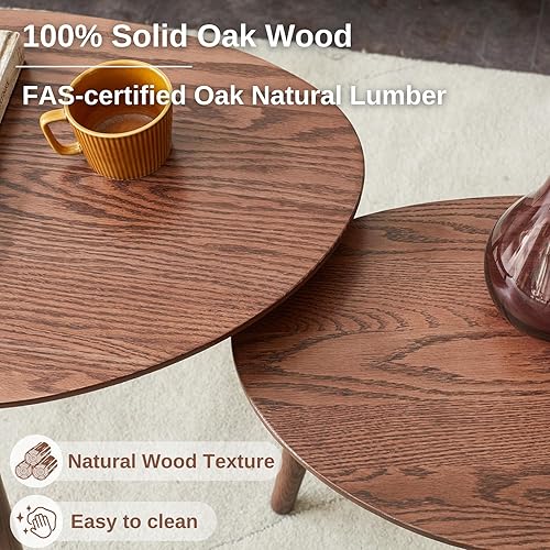 Miniatura 4 de Bamskov Juego de mesa auxiliar ovalada 100% madera de roble macizo, pequeña mesa de centro moderna de mediados de siglo y mesa auxiliar lateral