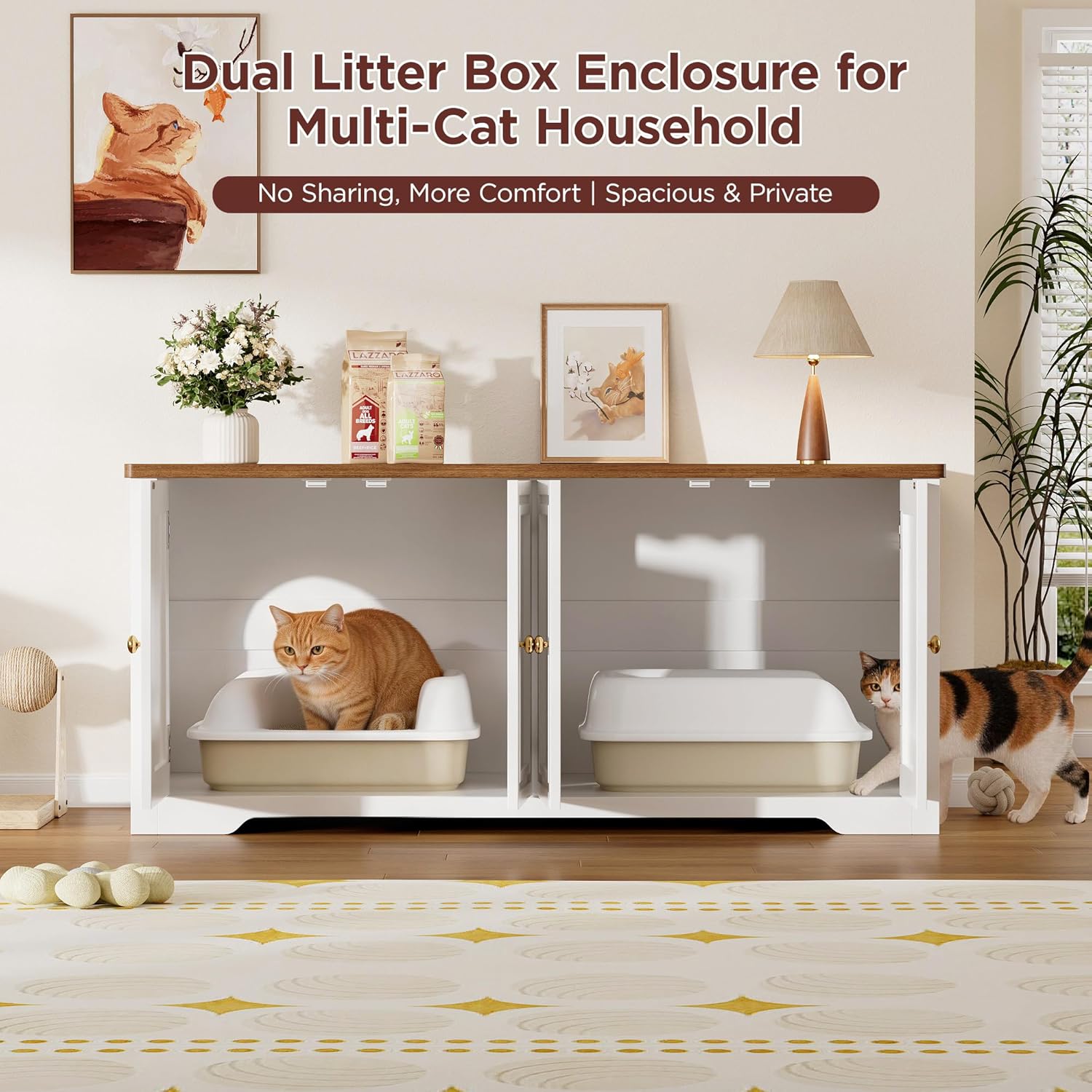 Halitaa Cat Litter Box Enclosure for 2 Cats, 47.2" Hidden Litter Box Furniture with Double Room, Soft-Close Doors, Mid-Century Modern Litter Box Cabinet, Side Table, White and Walnut