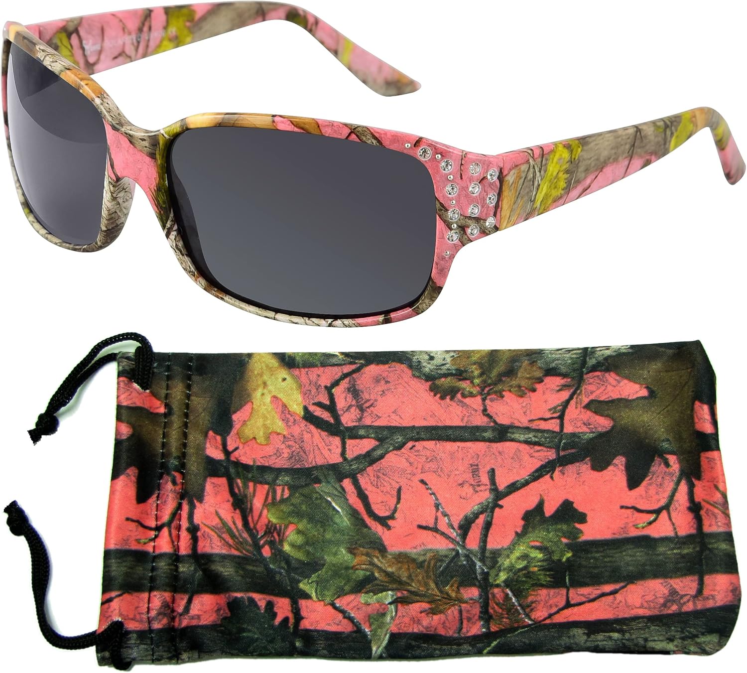 Polarized Hot Pink Camo Sunglasses for Women - Diamante - Free Matching Microfiber Pouch