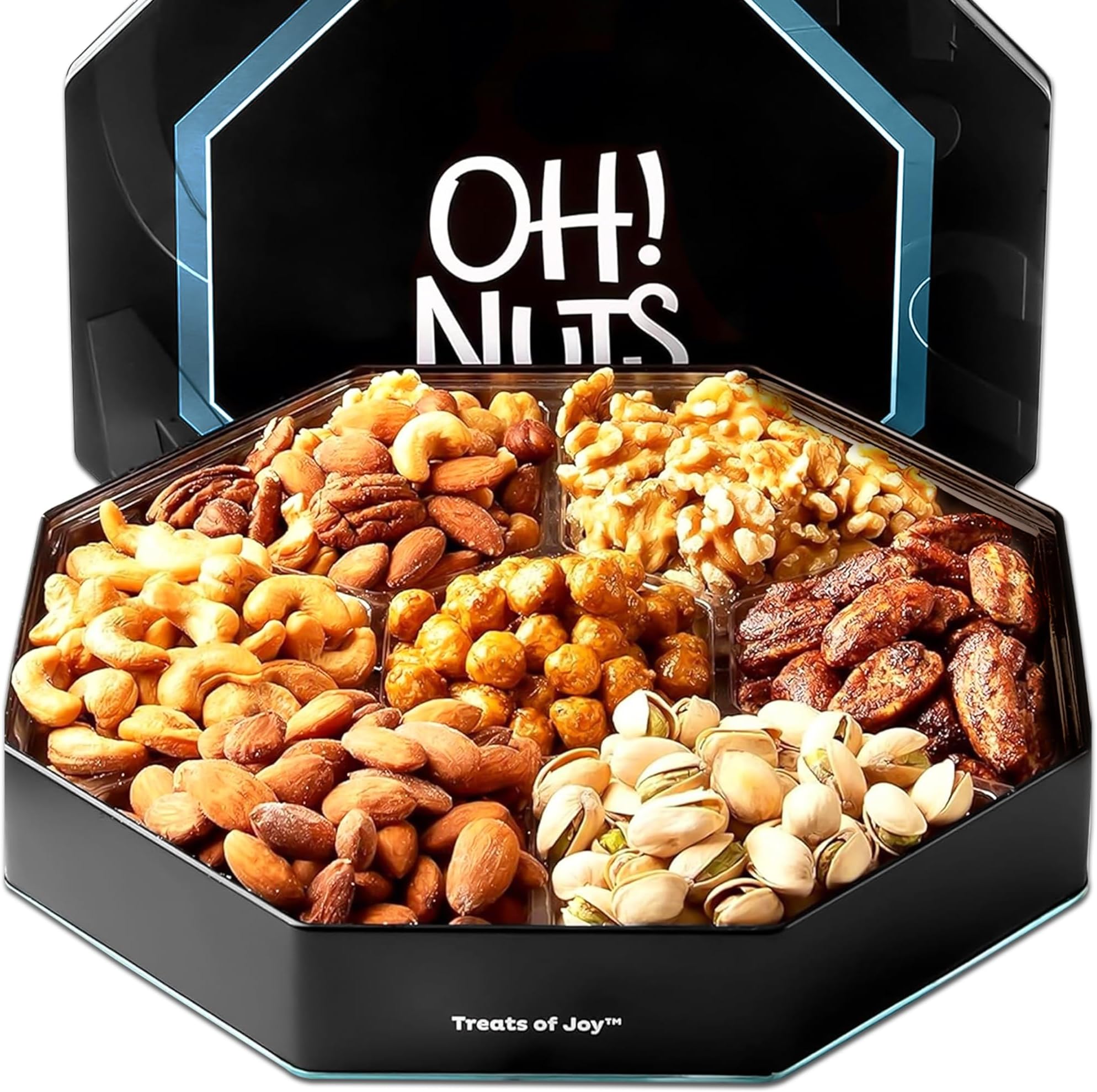 Oh! Nuts Gift Basket 7 Section Assorted Gift Tin Box - Gourmet 7 Variety Fresh Roasted Nuts - Healthy Snacks for Birthday, Anniversary, Family Party, Movie Night - for Men & Women