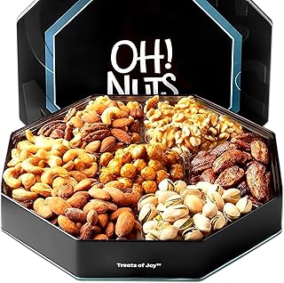 Oh! Nuts Gift Basket 7 Section Assorted Gift Tin Box - Gourmet 7 Variety Fresh Roasted Nuts - Healthy Snacks for Birthday, Anniversary, Family Party, Movie Night - for Men & Women
