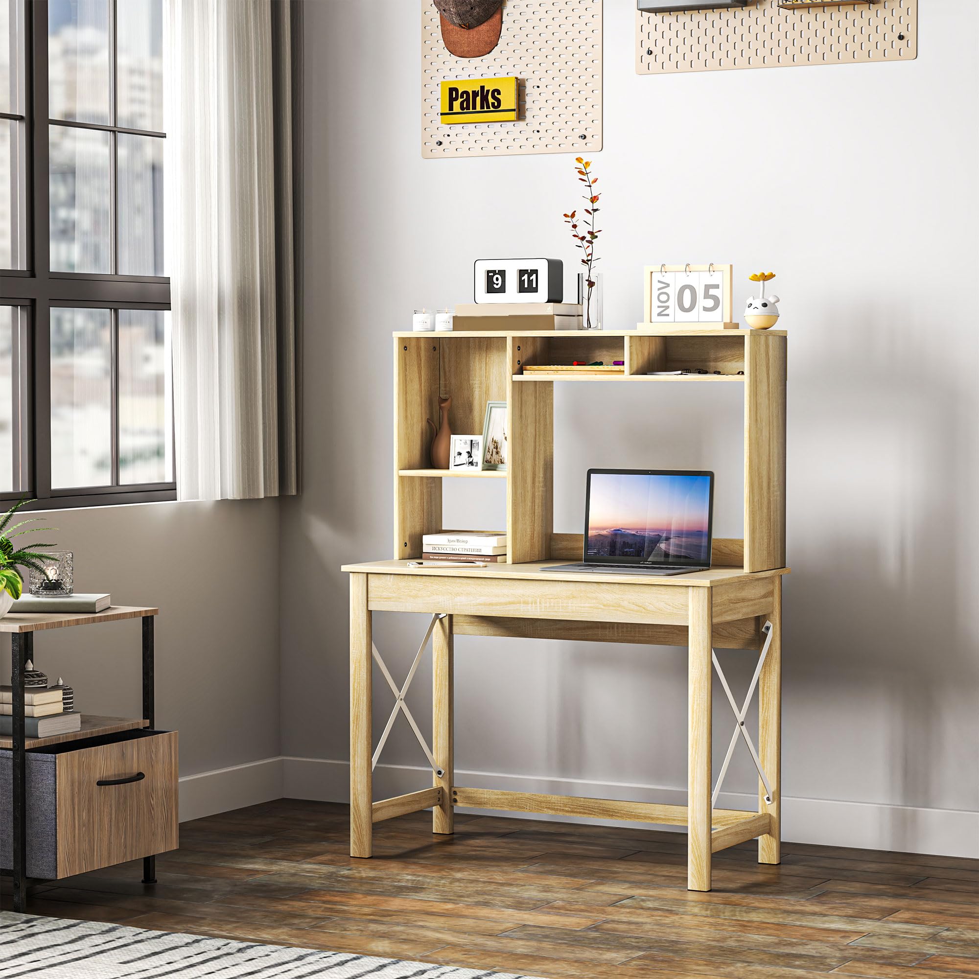 HOMCOM Scrivania computer 41" con scomparti e mensole Rovere | Tavolo da scrittura con ribalta, scrivania per ufficio domestico