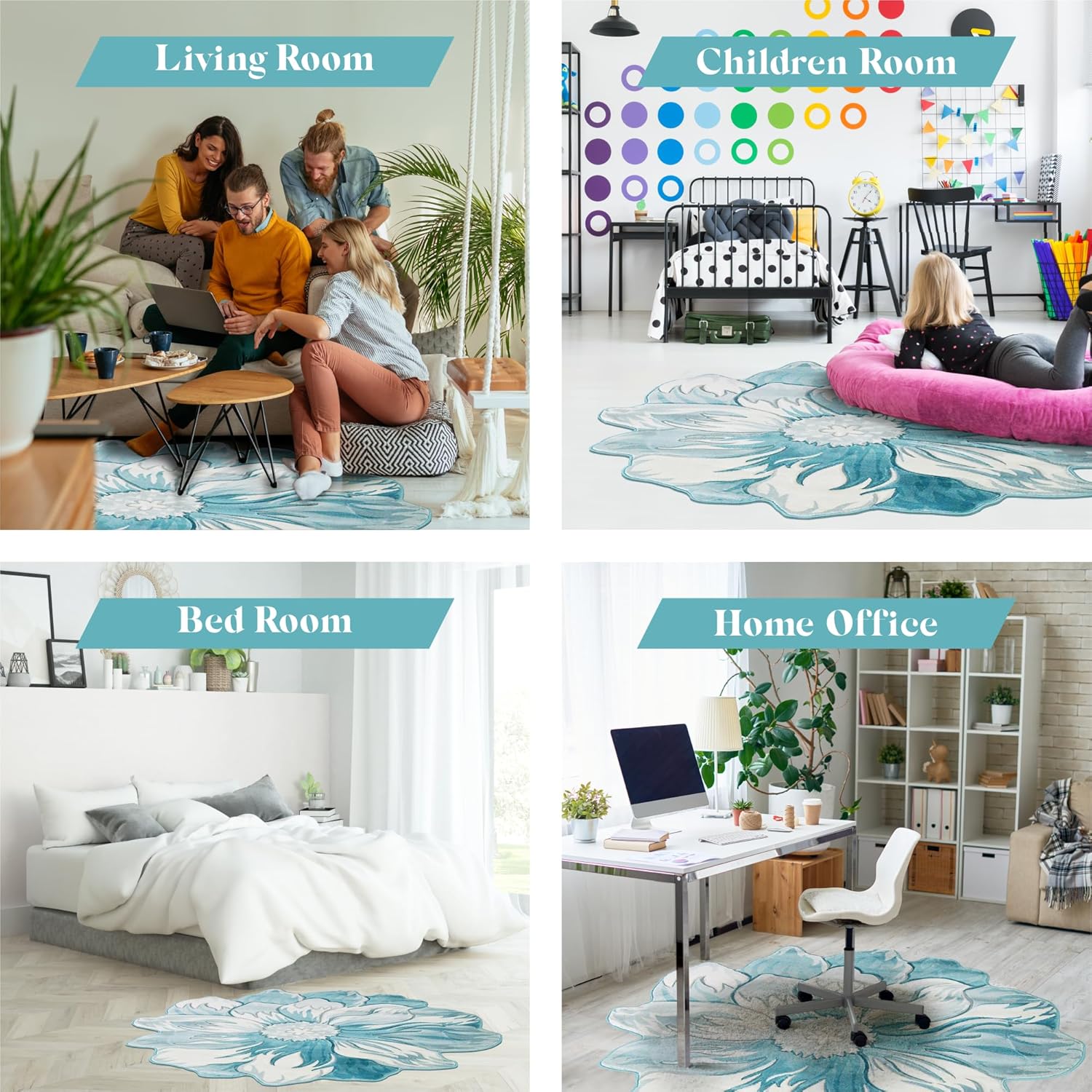 Flower Rug 5ft Round Area Rugs Cute Plush Flower Shaped Rug Circle Girly for Bedroom Floor Living Room Carpet 305 Blue