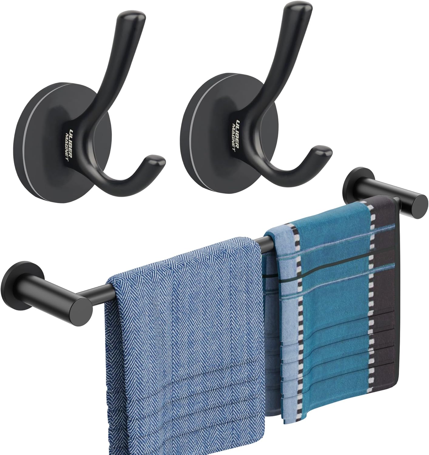 ULIBERMAGNET Magnetic Towel Holder, 1 Set Magnetic Towel Bar Holder with Adjustable Length,Strong Magnetic Double Hooks, 2 Pack Heavy Duty Sturdy Coat Magnetic Hooks