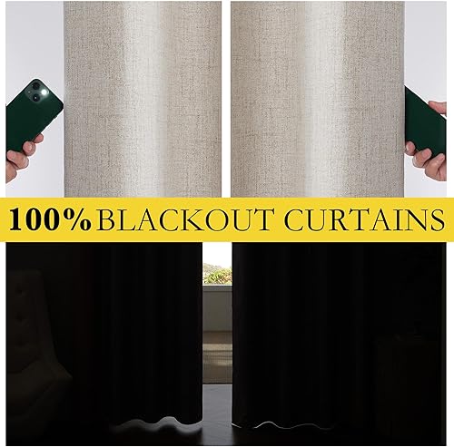 Miniatura 4 de NICETOWN Cortinas opacas de mezcla de lino grueso natural 100 % con forro gris, bolsillo para barra, pestaña trasera, aislamiento térmico, cortinas