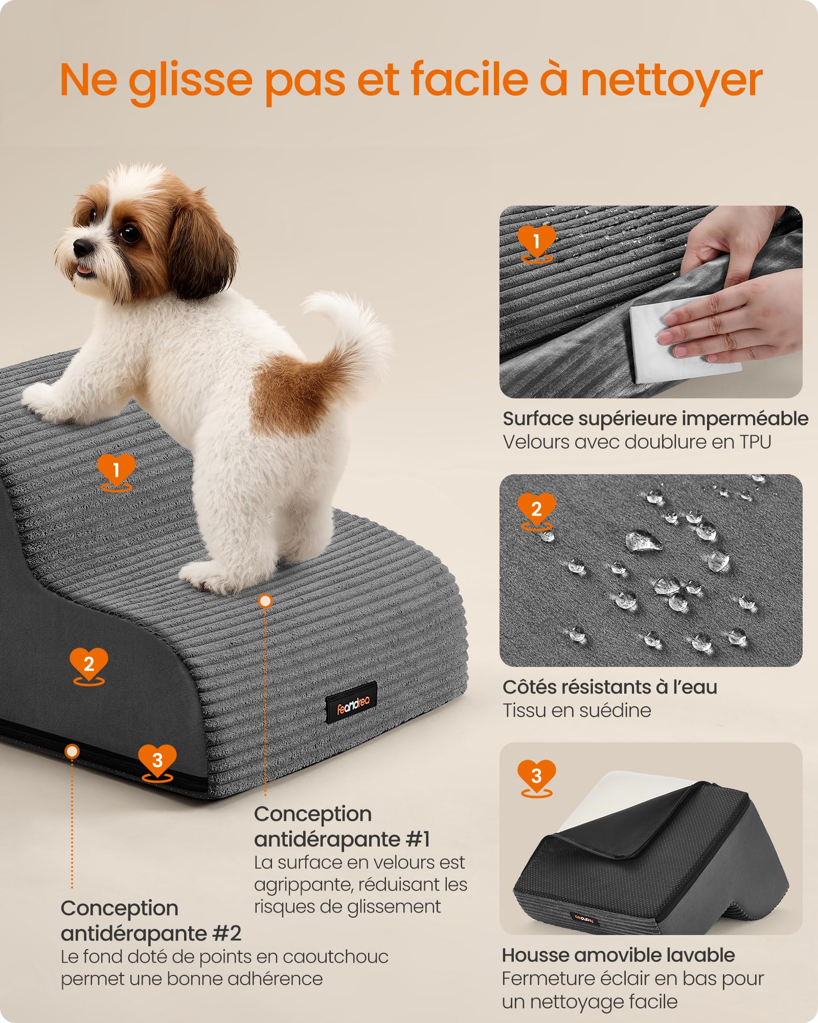 PawHut Huisdierentrap, Hondentrap Met 4 Treden, Kattentrap Met Afneembare Pluchen Hoes~11e1a3no00g01