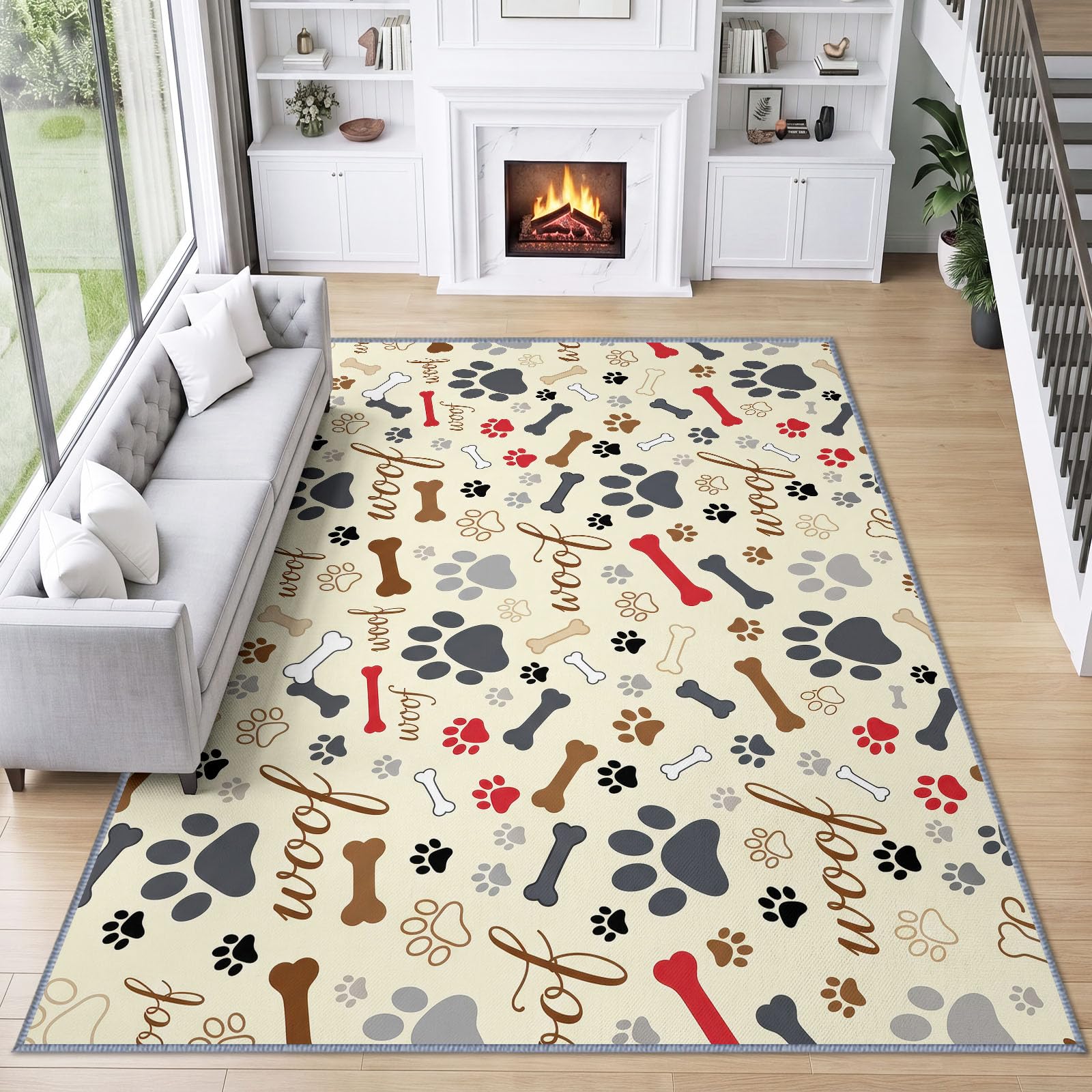 Generisch Hundepfotenabdruck Hundeknochen Waschbarer Teppich Wohnzimme 160x230 cm, Weich Kurzflor rutschfest Modern Lustig Cartoon Teppich für Schlafzimmer Esszimmer Büro
