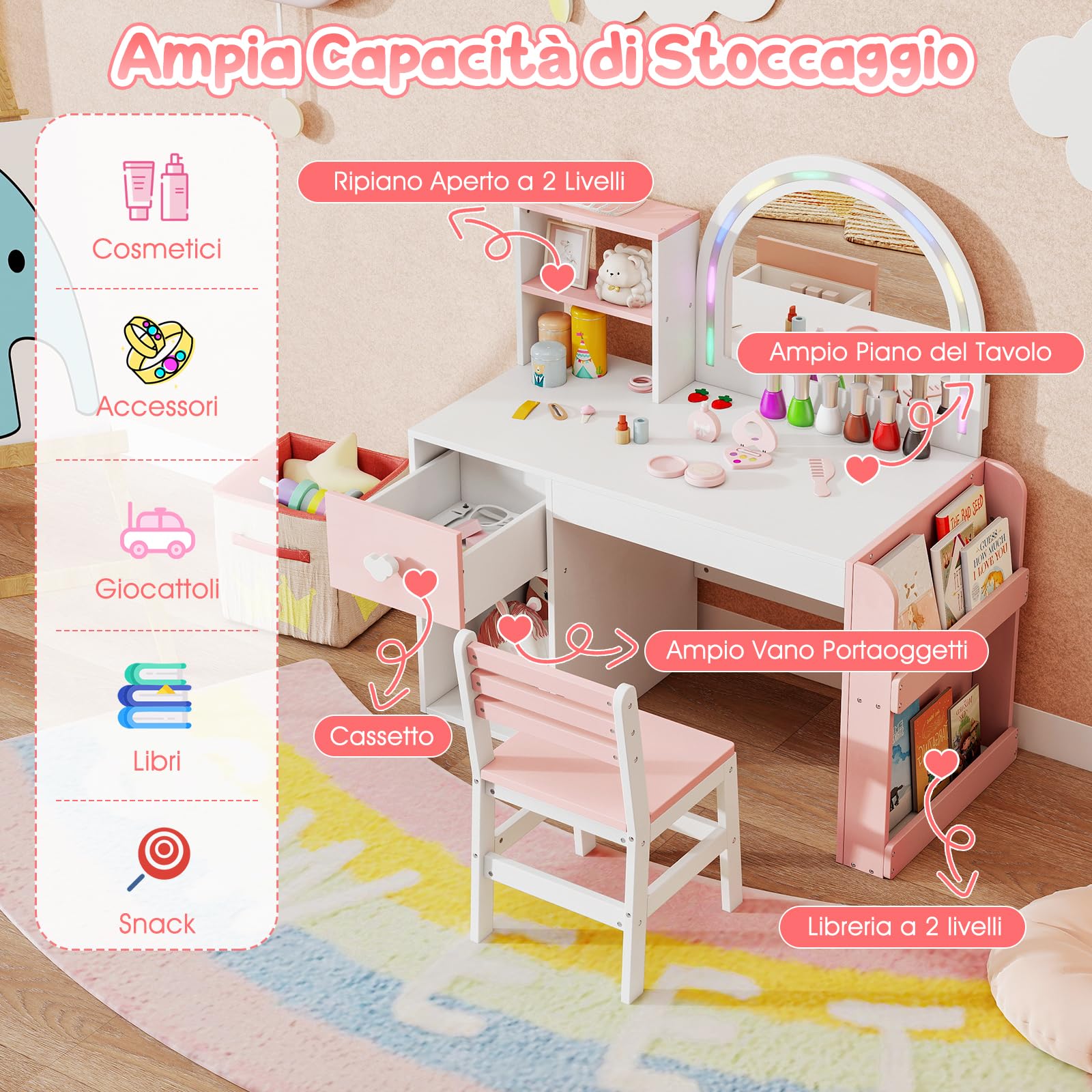 COSTWAY Toeletta Trucco per Bambina con Specchio a Luci LED, Specchiera Bambina con Sedia e 3 Giocattoli, Postazione Trucco in Legno con Ripiani Aperti e Cassetto, per Ragazza 3+ Anni (Bianco+Rosa)