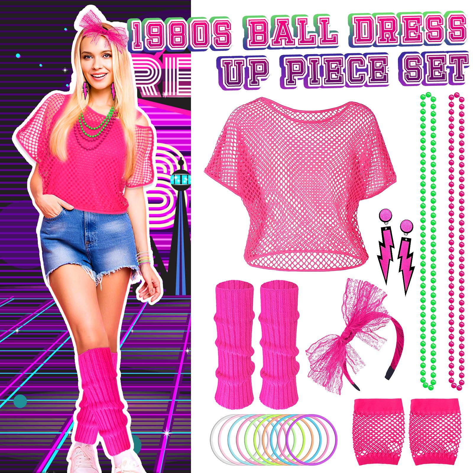 Shepinsky 80s Fancy Dress for Women,1980s Fancy Party Costumes Accessories Set,80s Outfits Neon Mesh T-Shirt,Leg Warmers Fishnet Gloves Headband Earrings Bracelets Necklaces for Retro Party Dress up - Image 4