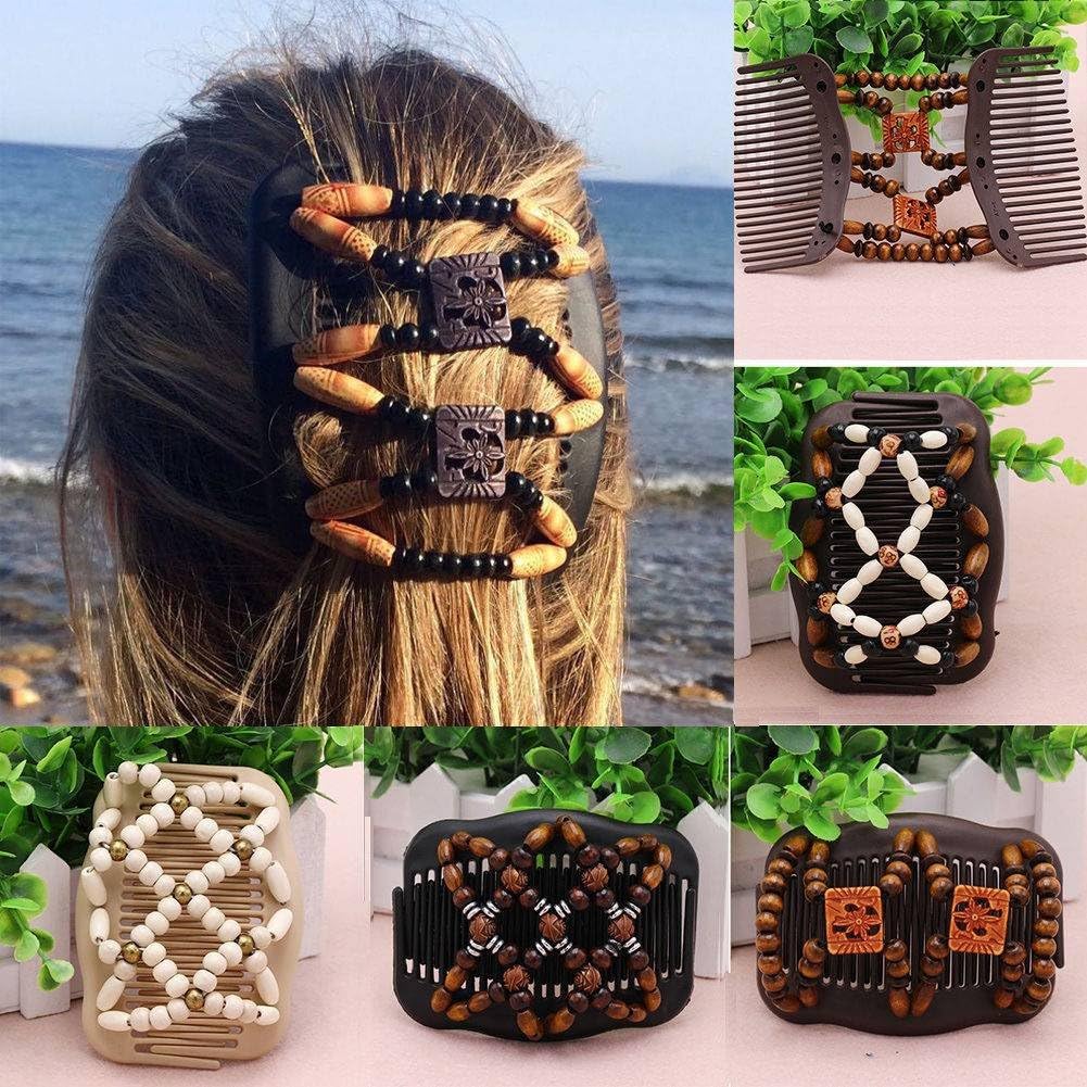 Cute Easy Magic Wood Beads Double Hair Comb Clip Stretchy Women Hair Accessories Color Random 2 pcs