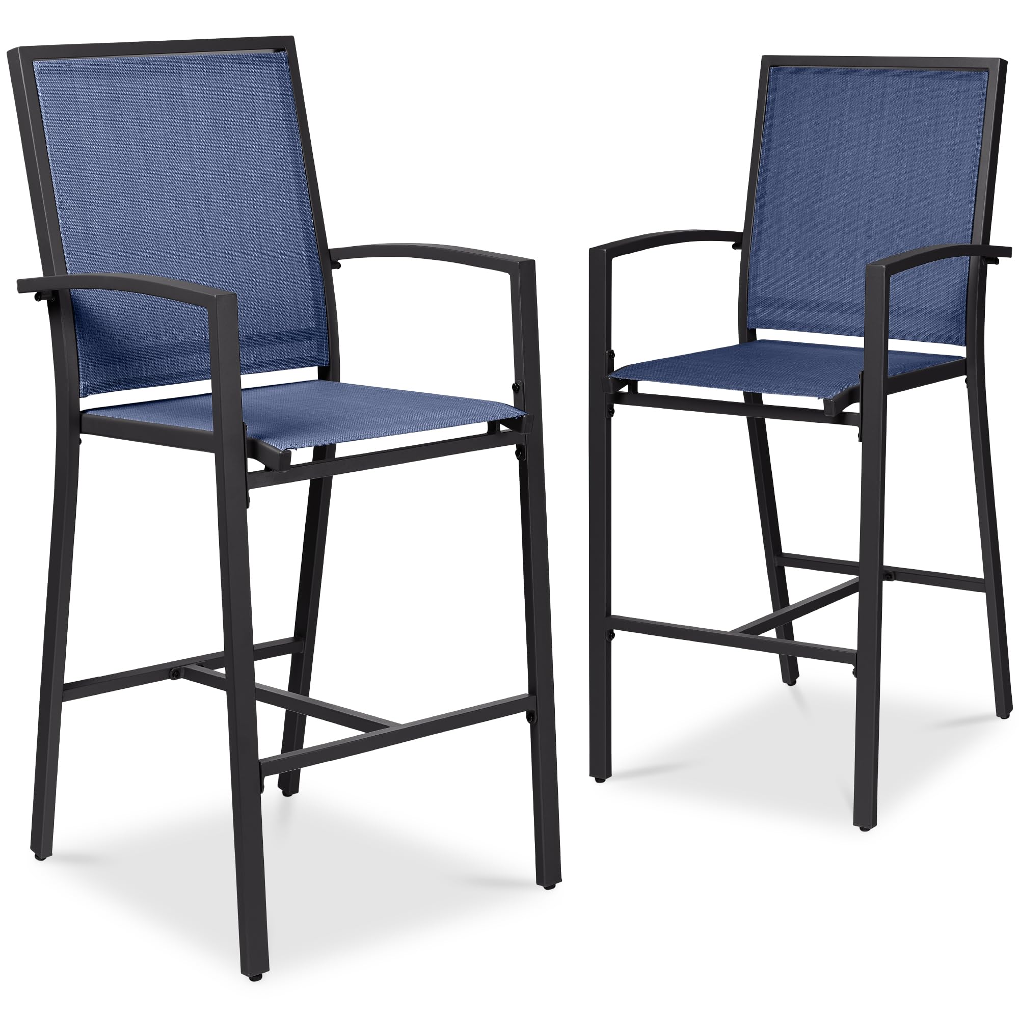 Best Choice Products Outdoor Bar Stools Set of 2, Bar Height, Patio Furniture, All Weather Mesh Design w/Armrest - Black/Navy
