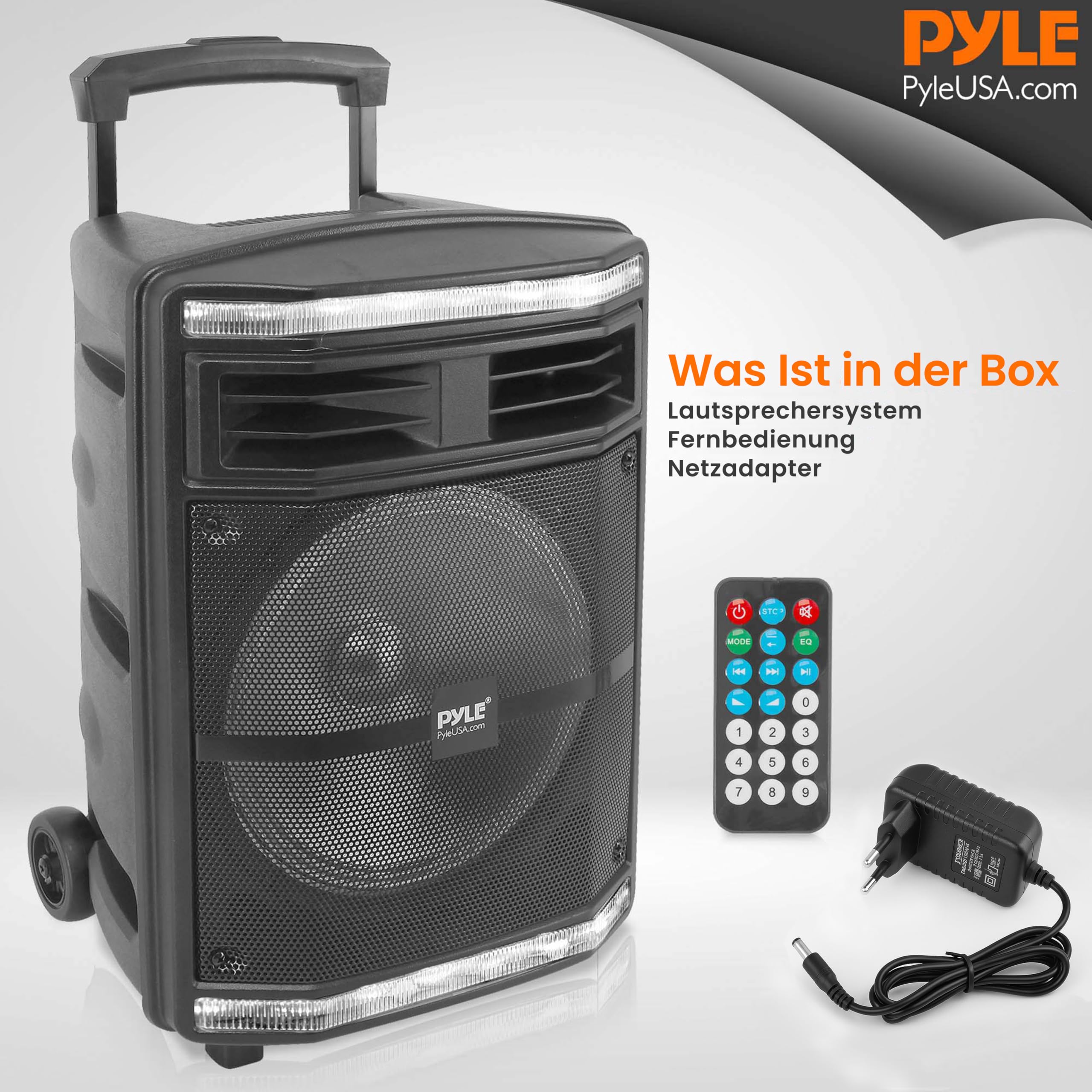 Pyle Partybox, 600W Bluetooth Lautsprecher Groß, Tragbare Musikbox mit Griff & Rollen, 10" Subwoofer & Akku, Karaoke Box mit LED Lichtern, USB/SD/MP3, für Party, Outdoor, Events & DJ