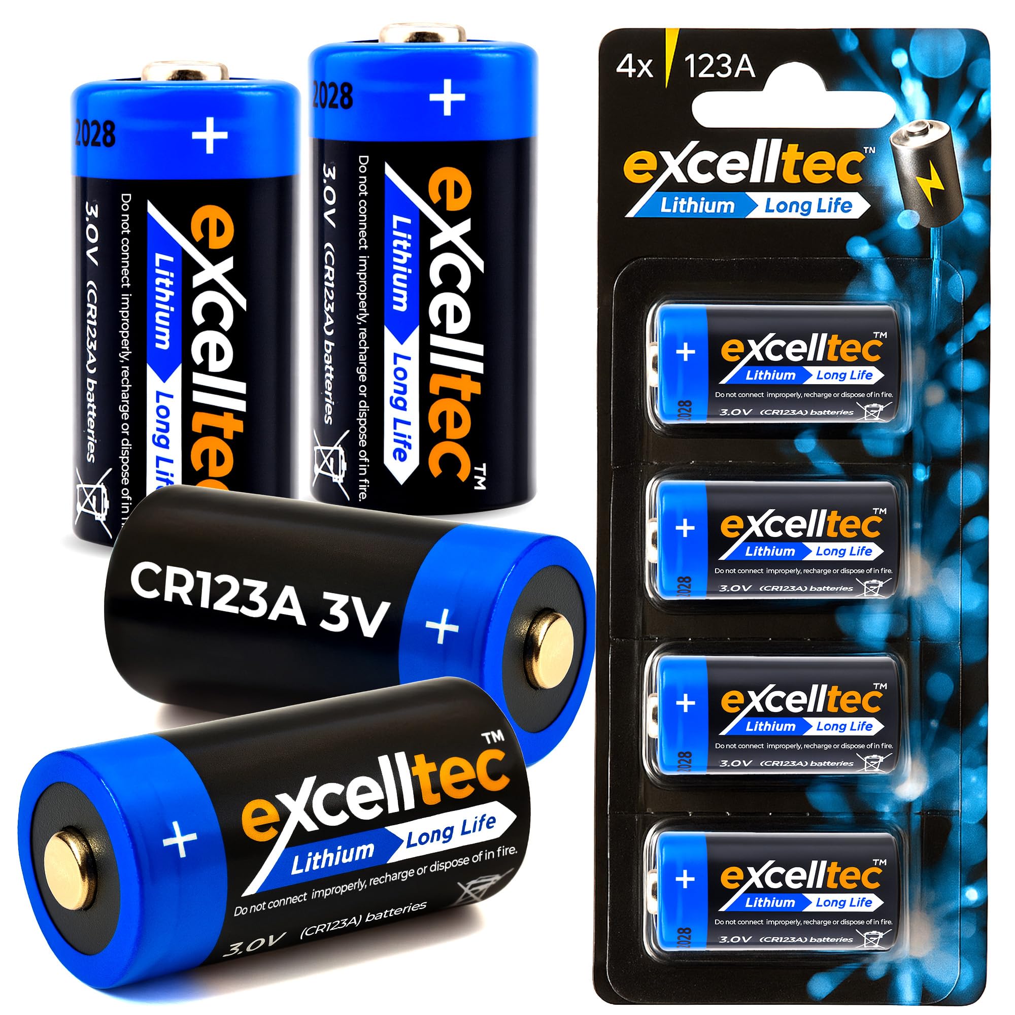 Excelltec 4pk CR123A 3V Lithium Batteries β Long-Lasting Power for Cameras, Flashlights and High-Drain Devices, Reliable Multipurpose Battery Pack