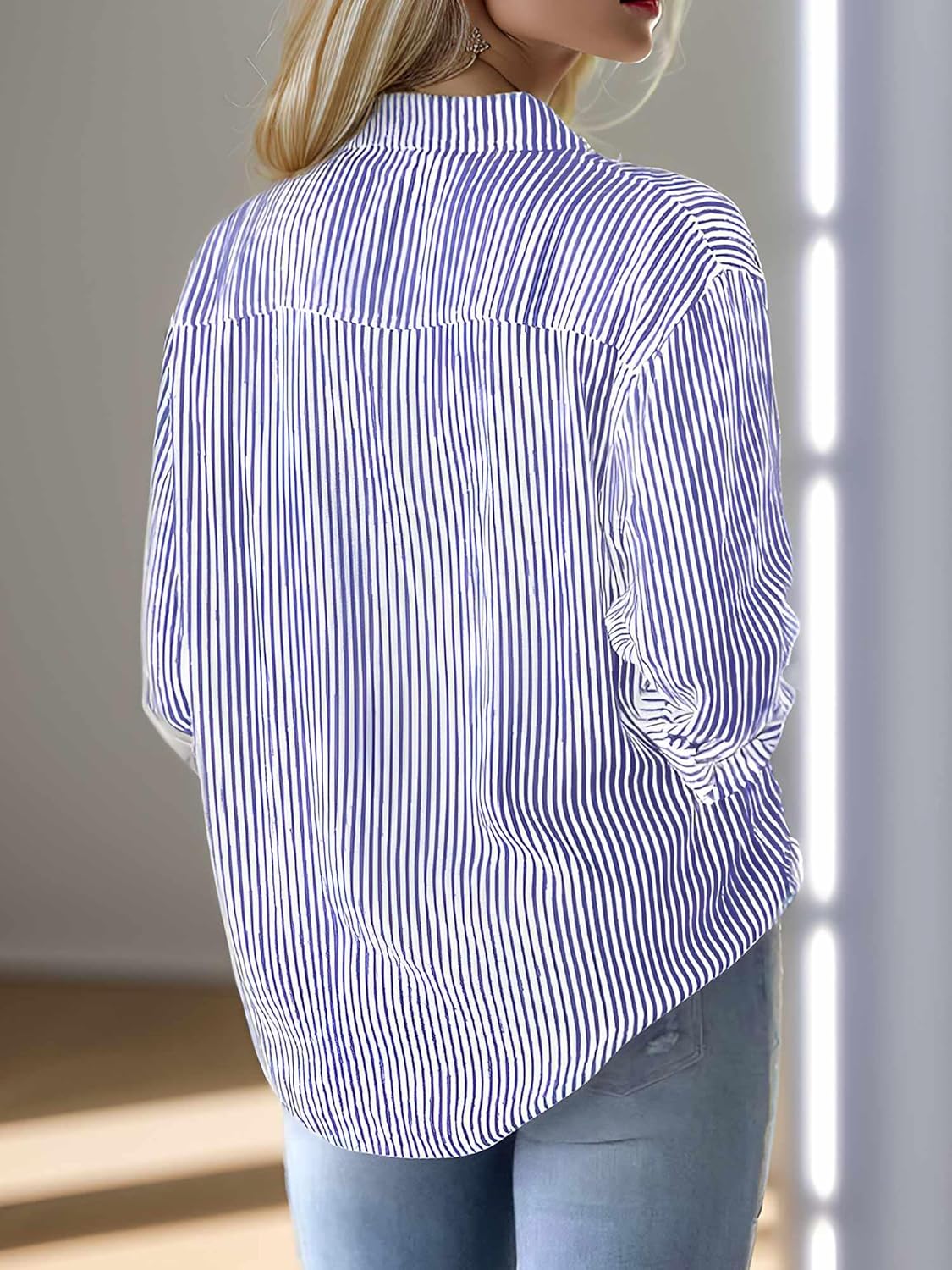 Womens Button Down Shirts Striped Classic Collared Office Work Blouses Tops with Pocket - Image 3