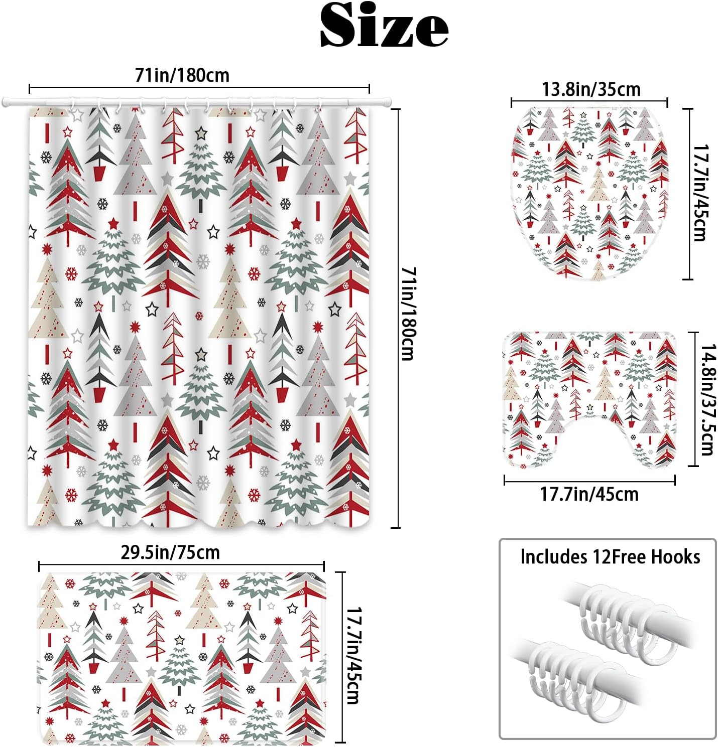 MEHOFOND 4pcs Christmas Shower Curtain Sets Xmas Tree Shower Curtain Sets Christmas Bathroom Sets with Shower Curtain and Rugs Toilet Lid Cover and U Shape Mat Washable 72"x72"